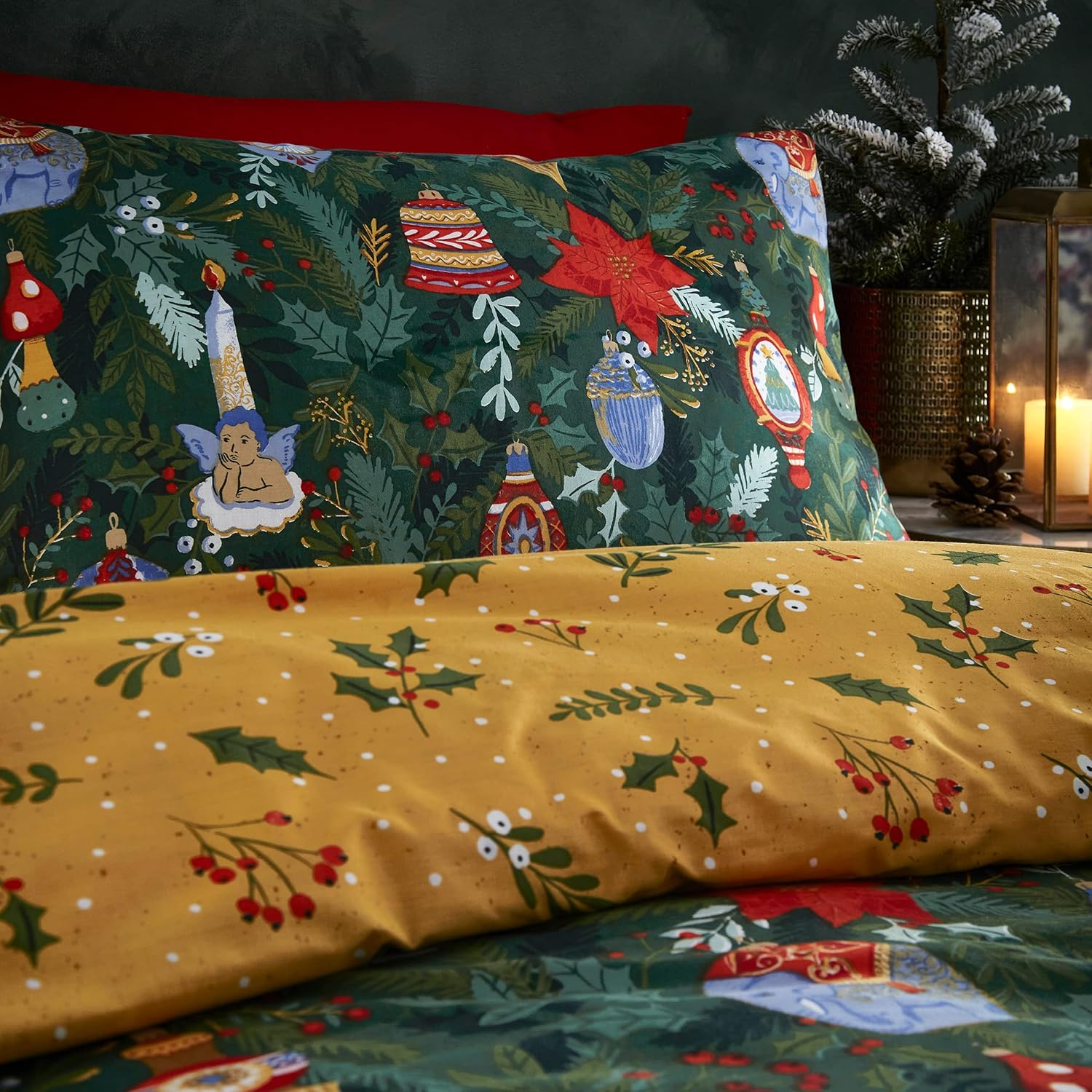 Furn Deck the Halls Christmas Duvet Cover Set - Festive Bedding Holiday D&eacute;cor (Green - Double) image number 5