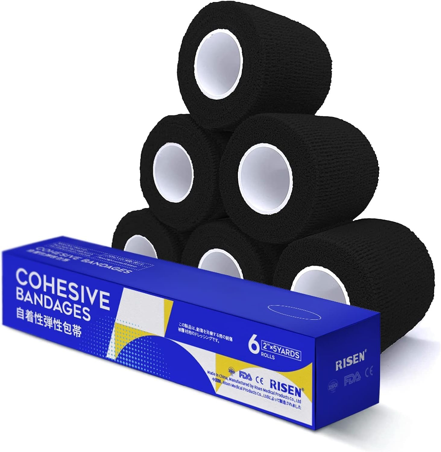 Risen Cohesive Bandage, 2" X 5 Yards, 6 Rolls, Self Adherent, Breathable, Ideal for Ankle Sprains, Sports, Human, Animal