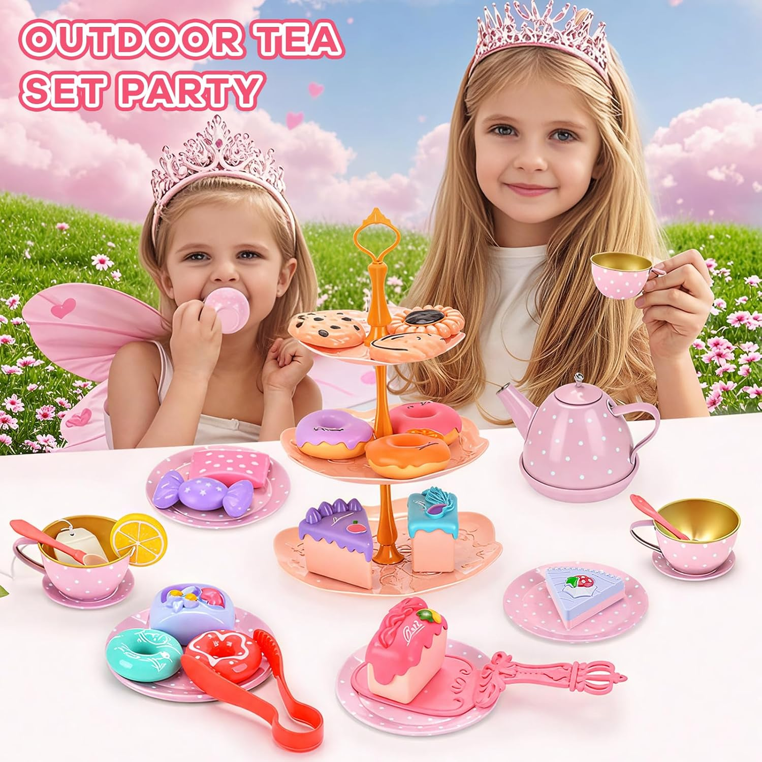 46Pcs Tea Party Set for Little Girls,Pretend Play Tea Set Toys, Food Toy Dessert Accessories, Birthday Gift for Kids Girls 3 4 5 6 Year Old