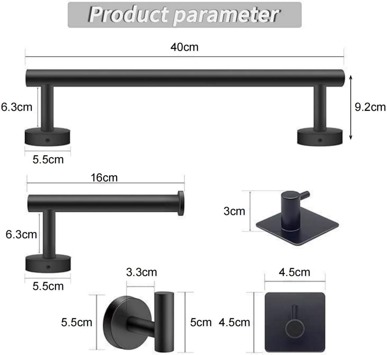 Bathroom Hardware Set 6-Piece - Towel Bar Toilet Paper Holder Wall Mounted 2 Towel Hooks 2 Adhesive Hooks - Stainless Steel Bathroom Accessories（Black） image number 6