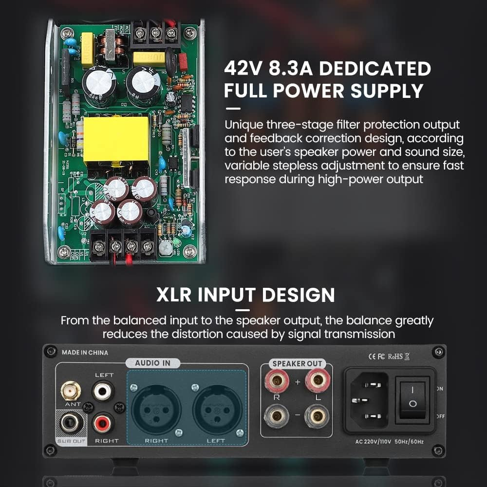 HOOCI Audio A300 TPA3255 Bluetooth 5.0 Amplifier 300Wx2 QCC3034 APTX Stereo Amp ES9023 Decoding XLR Balanced Home Theater DIY (Color : US 110V) image number 5