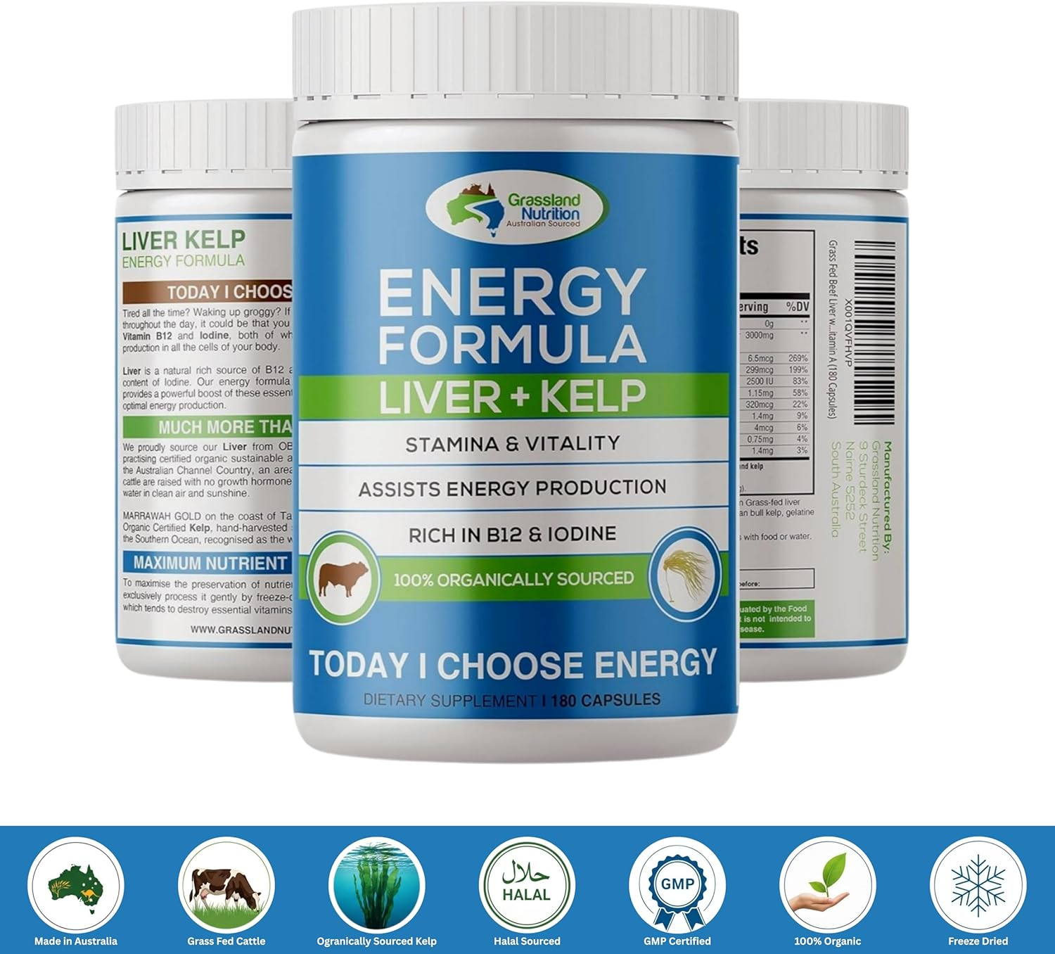 Grass Fed Beef Liver with Wild Harvested Kelp 100% Organically/Halal Sourced 2-IN-1 Energy Formula &mdash; Natural B12, Iodine, Iron & Vitamin a (180 Capsules) image number 1