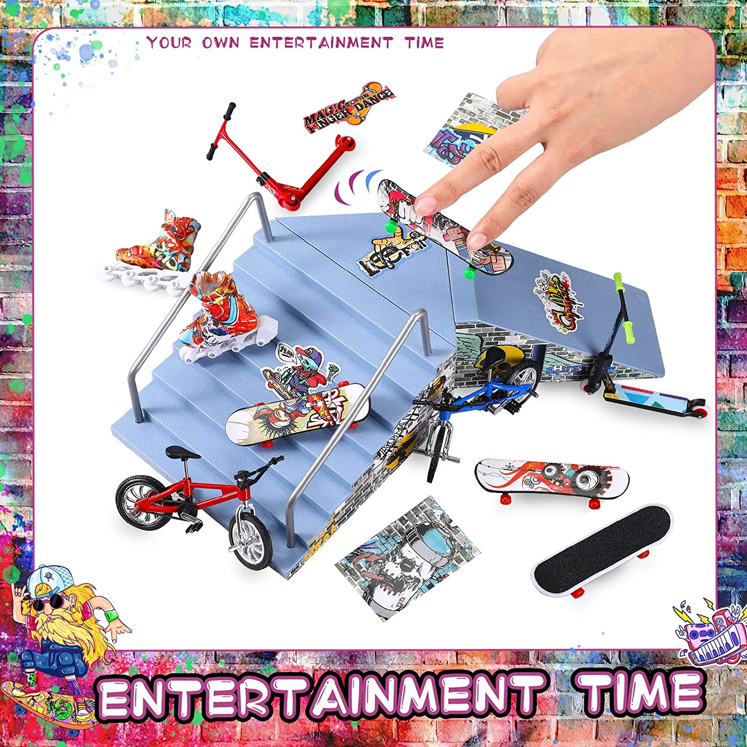 Fingerboard Ramps Kit - 24 Pcs Skatepark Set with Mini Toy Accessories Including Roller Skate, Bike, Scooter, and Hand Board