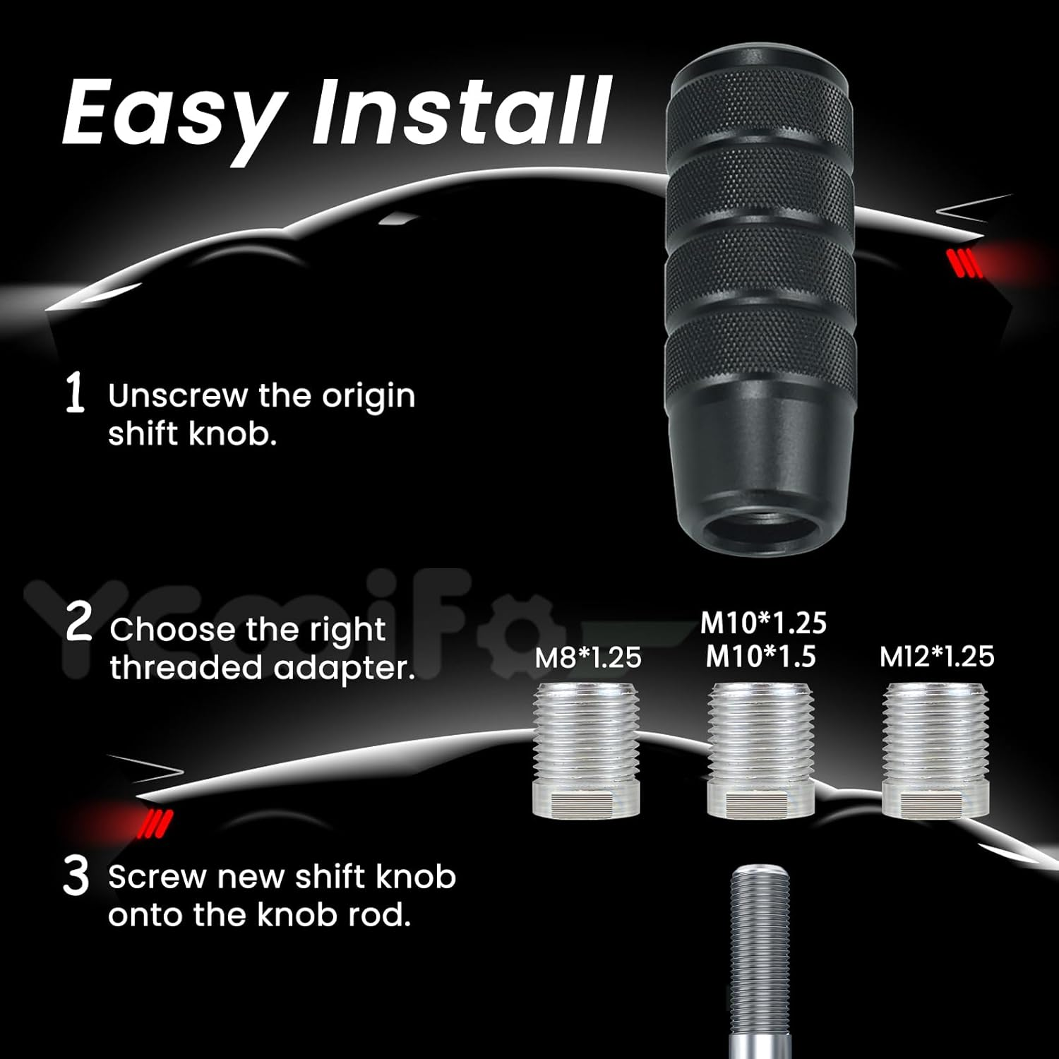 Ycooifo Shift Knob, 3.78" Aluminum Weighted Car Gear Stick Shifter Manual Knobs Fit Universal Manual Transmission Vehicle with 4 Threaded Adapters M8 M10 M12 X 1.25, M10X1.5 (Black) - Grey image number 2