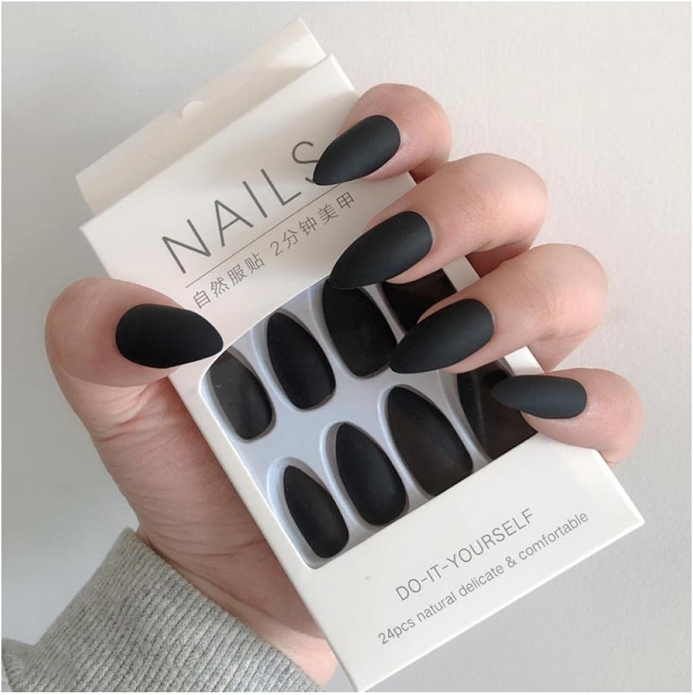 Fake Nail 24 Pcs Black Matte False Nails Detachable Solid Color Oval Ultra Thin False Nails with Adhesive Tape Glue Sticker Full Cover Nail Women False Nails image number 1