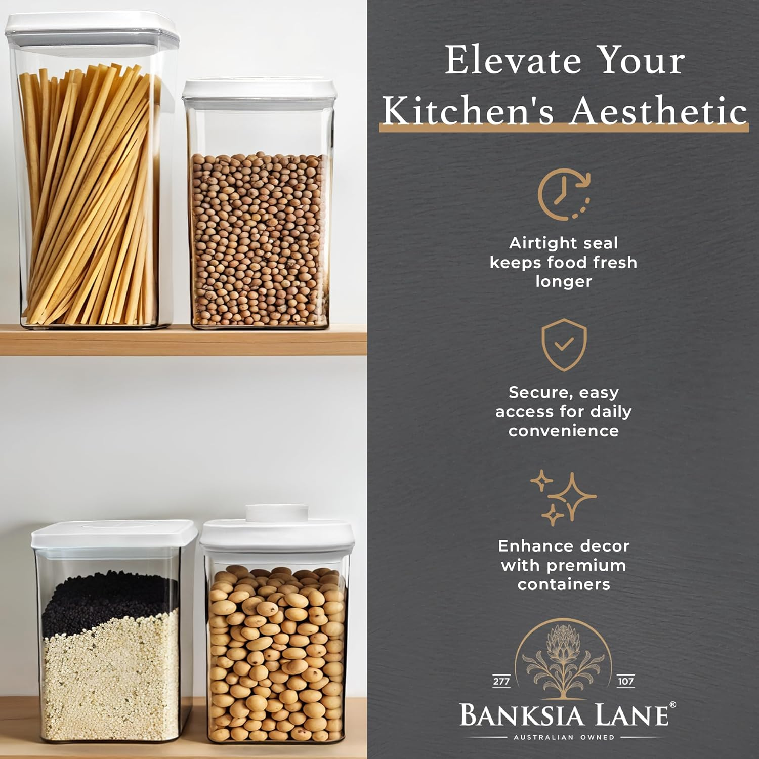 Banksia Lane&reg; Pop Top Airtight Containers - Set of 6, 2X 1200Ml, 2X 2000Ml, 2X 2700Ml Pantry Storage Containers with Push Top Lids - Airtight Food Storage Containers for Kitchen Organisation image number 3