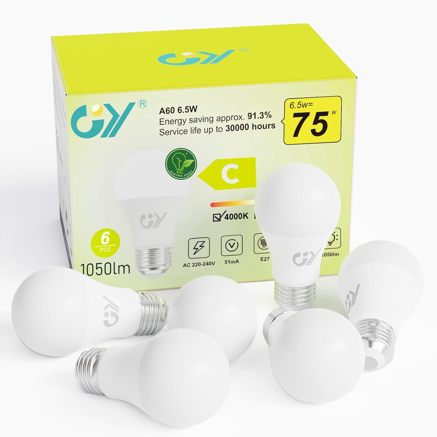 GY Screw Light Bulbs,E27 LED Bulbs Neutral White 4000K 6.5W Equivalent 75W,1050 Lumen Ultra Energy Saving Class-C Light Bulbs,Non-Dimmable,6-Pack image number 5