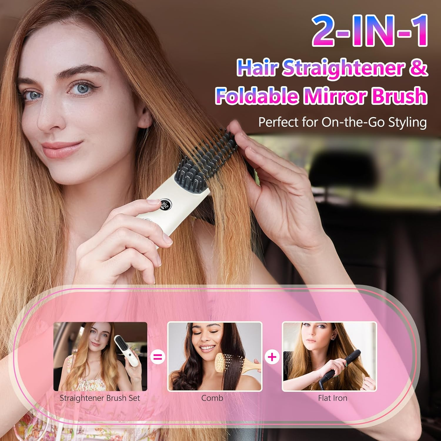 STUDLLY LCD Screen Cordless Hair Straightener Curler 2 in 1, Portable Mini Hair Straightening Brush for Travel Negative Ionic Fast Heating Hot Comb for Women, Folding Brush with Mirror, White - Black image number 6