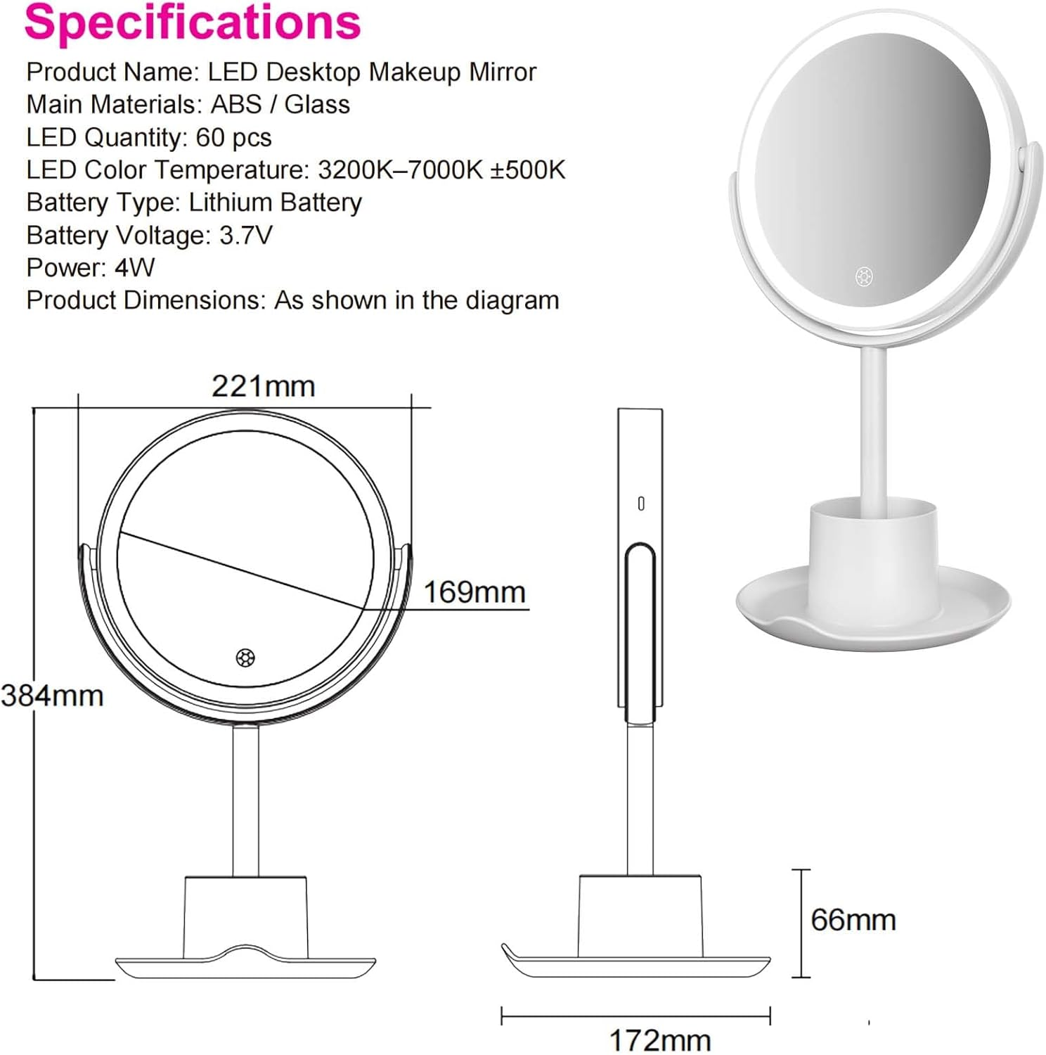 Dual Sided Makeup Mirror 22X22Cm 10X Magnifying Mirror Adjustable LED Light with Storage Tray Mobile Phone Holder image number 3