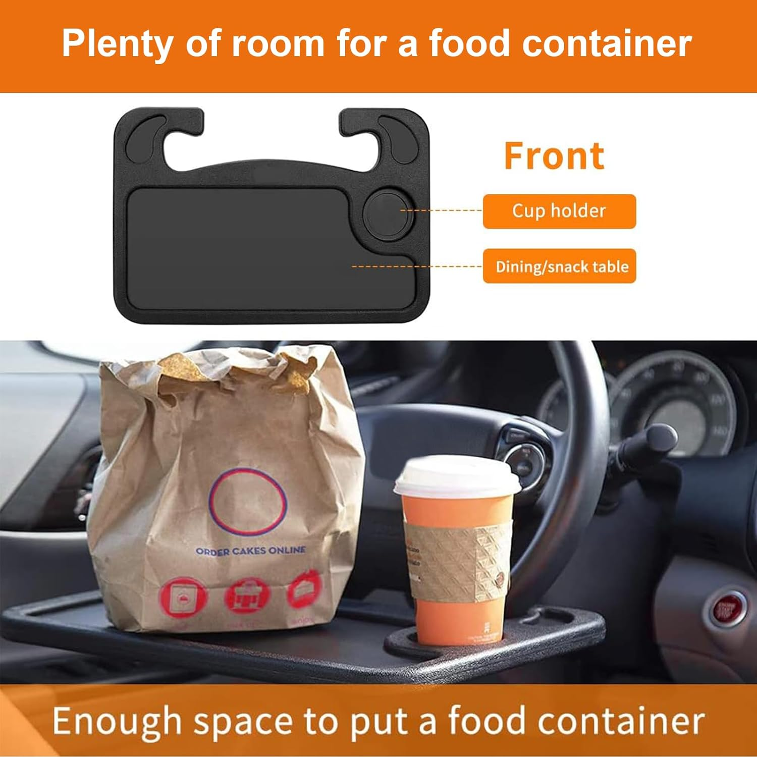 Steering Wheel Tray for Car &ndash; Universal Foldable Car Desk for Eating, Laptop & Work, Portable Black Table for Drivers, Travellers & Road Trips