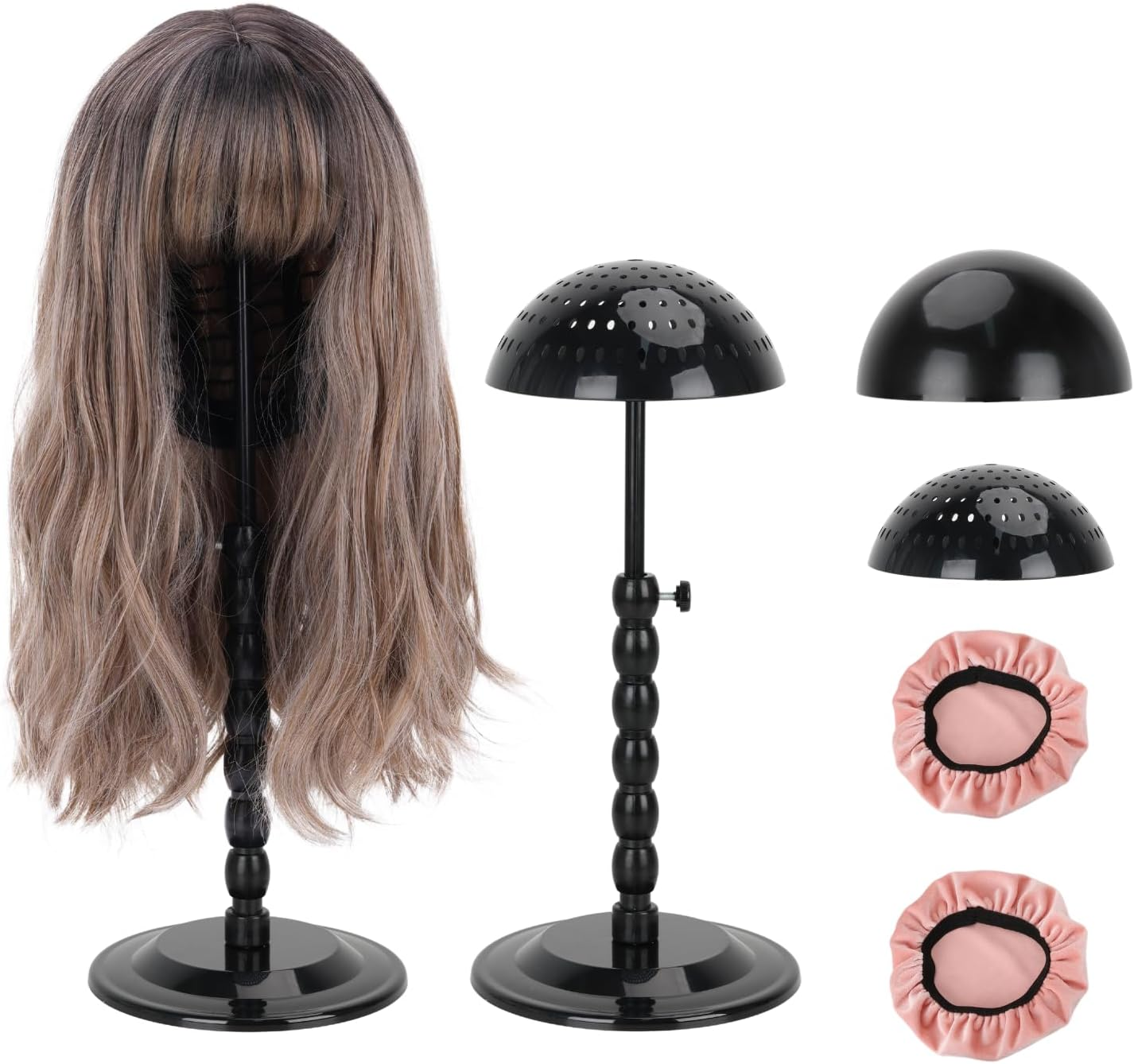 Lightmay Wig Stand - 2 Packs Portable Foldable Wig Hat with Velvet Cover Holder, Height Adjustable (12-18.8 Inches), Easy to Install, Black Plastic image number 1