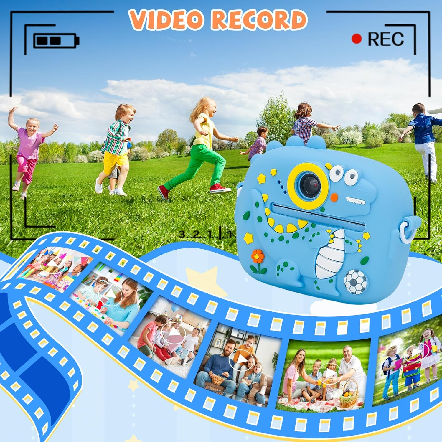 Kids Camera Instant Print with 64GB Card 3 Roll Print Paper & Color Pens Camera for Kids Digital Camera Toddler Camera Toys Gifts for 3-12 Year Old Girls Boys (Blue Dinosaur) image number 1