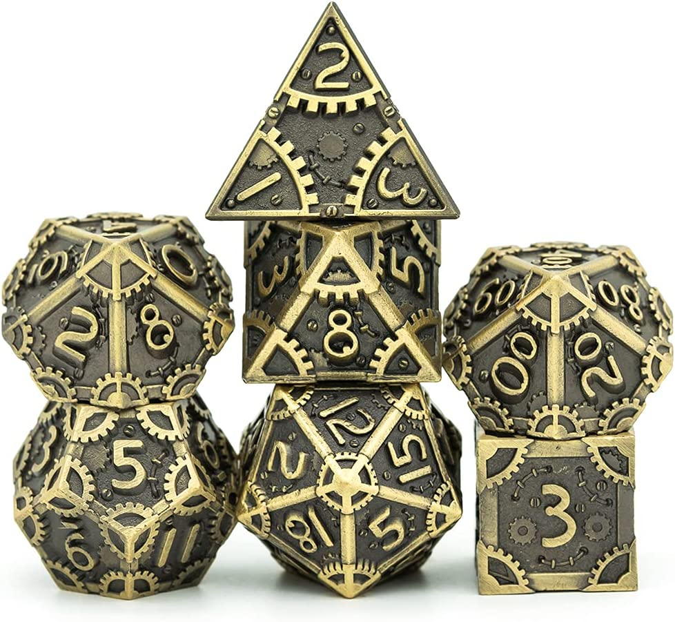 UDIXI Steampunk Style Metal Dice Set 7 Die Polyhedral DND Dice Set D&D Dice for Dungeons and Dragons Role Playing Game and Math Teaching (Ancient Bronze)