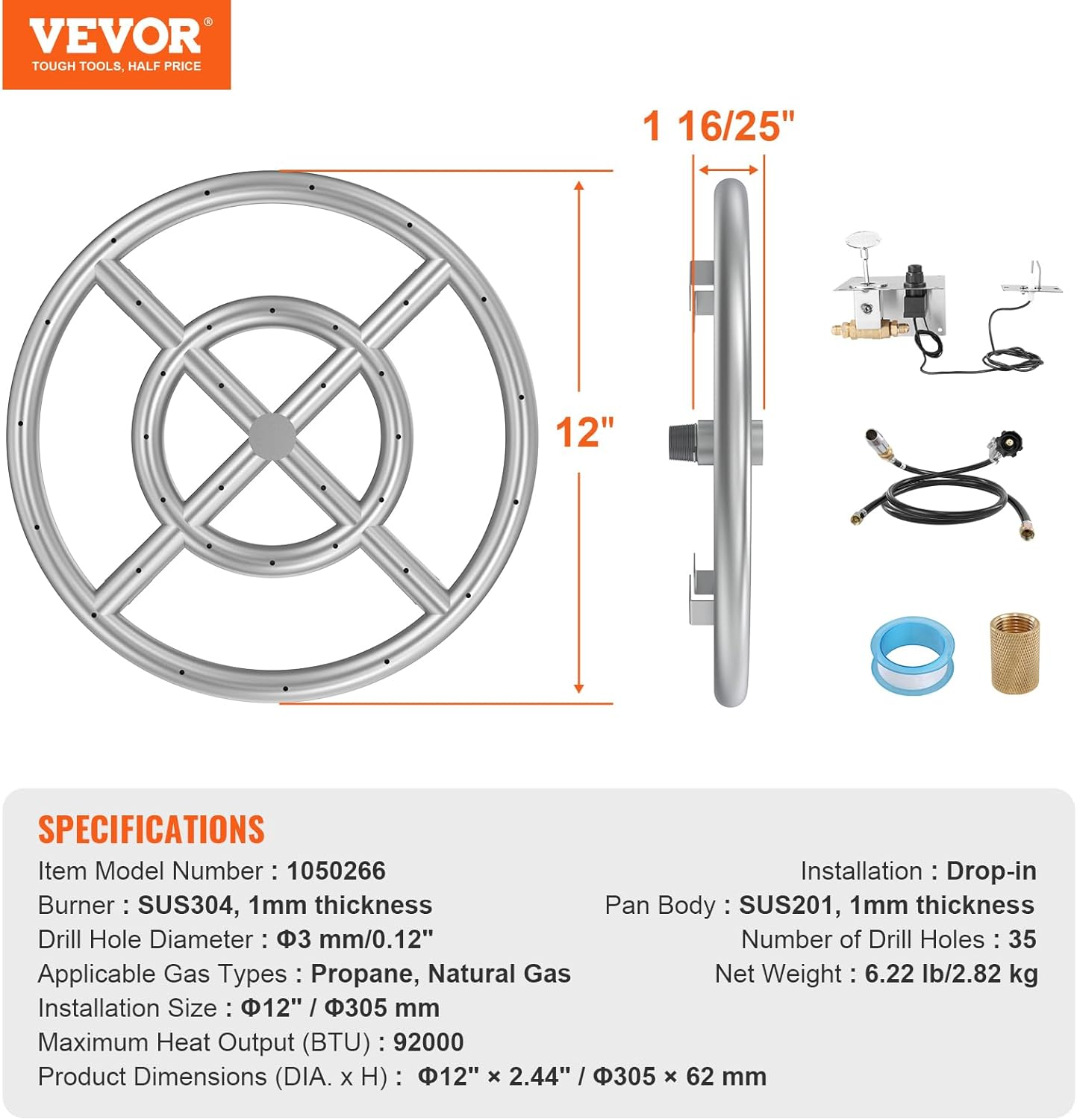 VEVOR 12 Inch round Drop-In Fire Pit Pan, Stainless Steel Fire Pit Burner Kit, Natural & Propane Gas Fire Pan with 92,000 BTU for Indoor or Outdoor Use image number 1