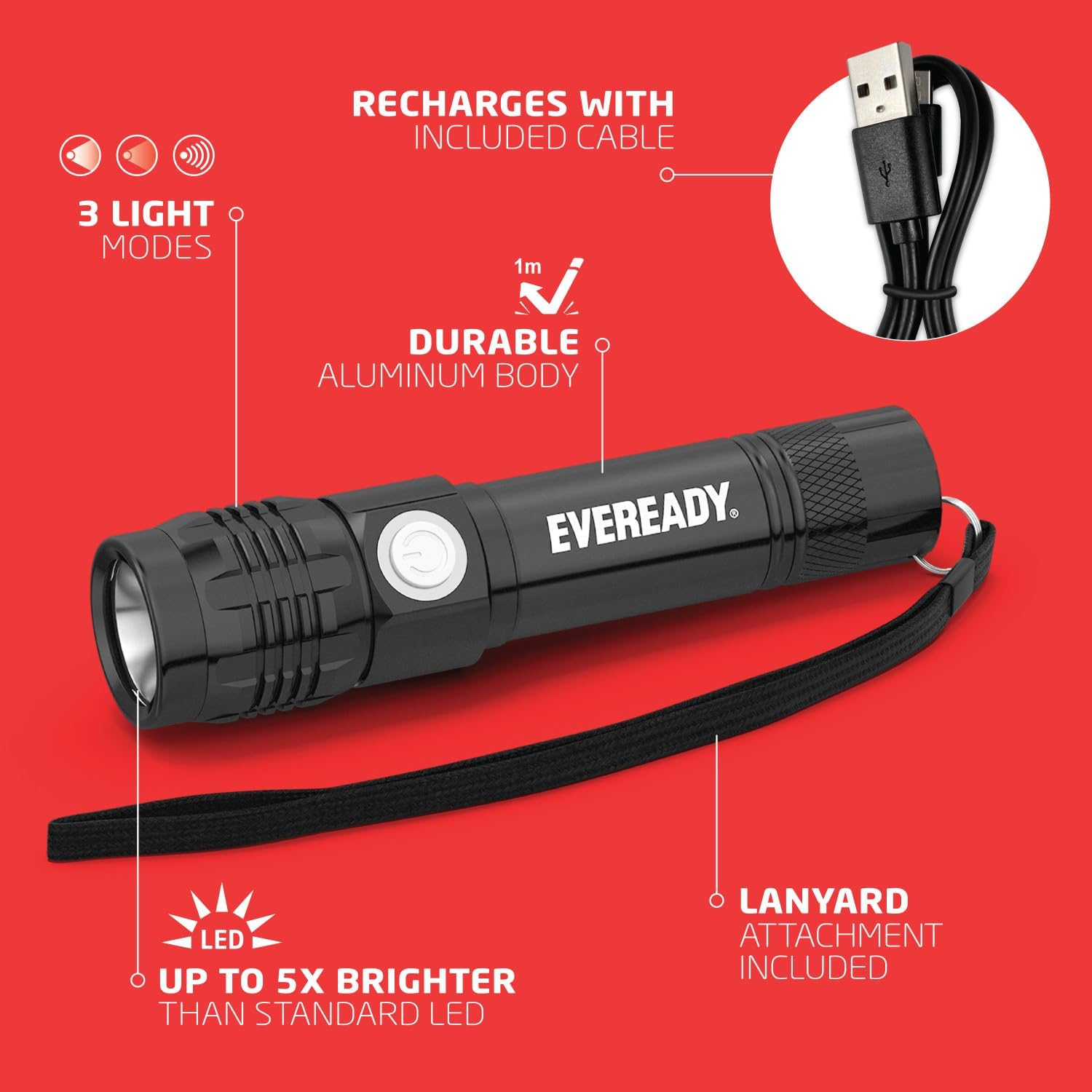 Energizer EVEREADY Rechargeable Flashlight, 500 Lumens, IPX4 Waterproof, Aluminium LED Lamp, Micro USB Charging Cable Included image number 1