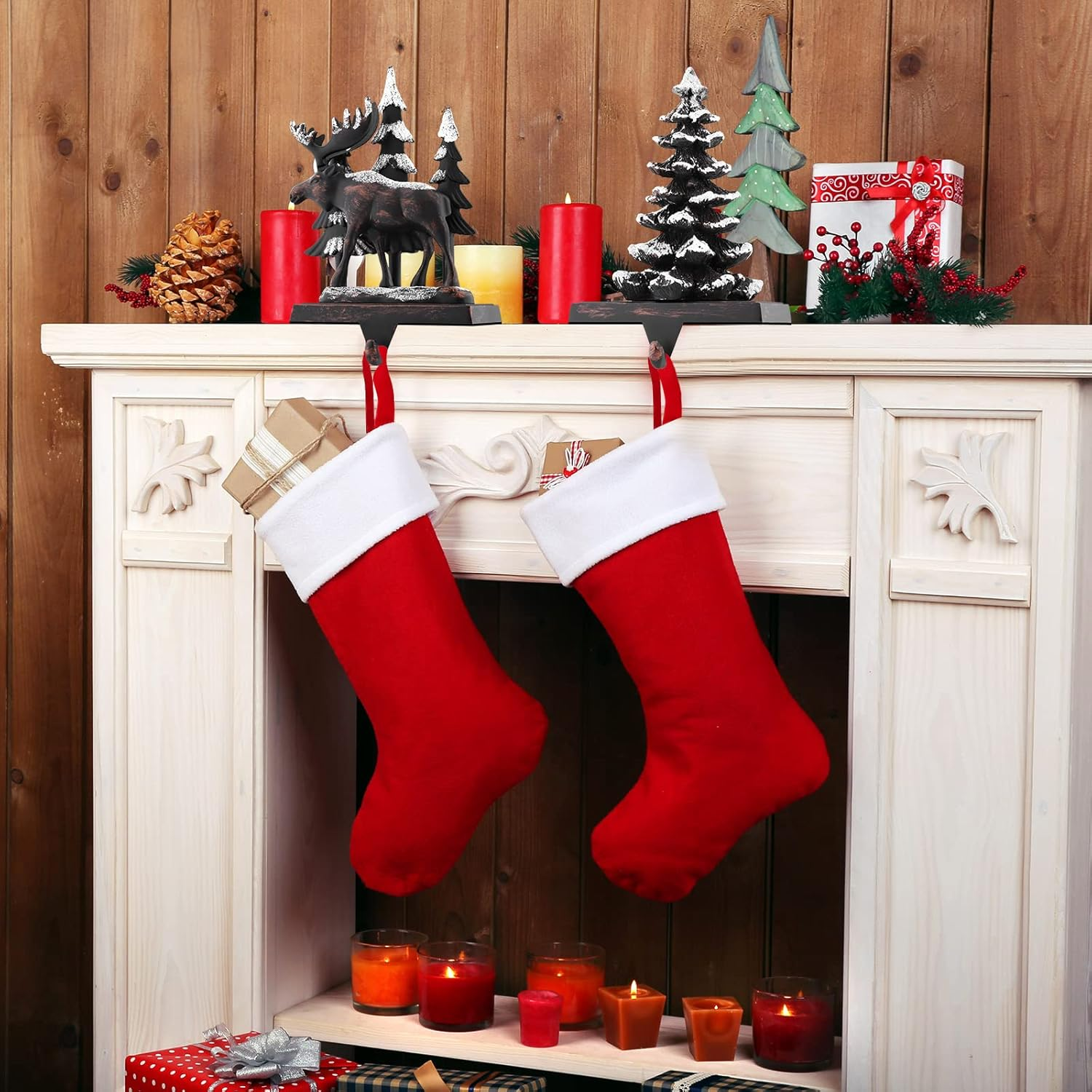 MCEAST 2 Pack Christmas Stocking Holders: Reindeer & Christmas Tree with Snowflake; Black, Fabric; 2 Hooks; Surface Rest; Stocking Hangers image number 2