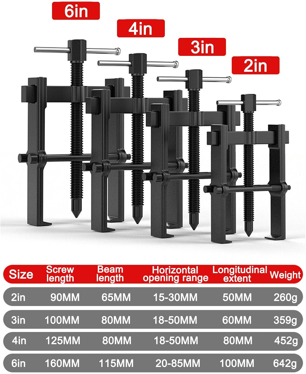 4-Piece Adjustable Gear Puller Set (2''3''4''6'') - Carbon Steel Bearing Remover Tool for Pulleys, Flywheels, Motorcycle Bearings, Gears