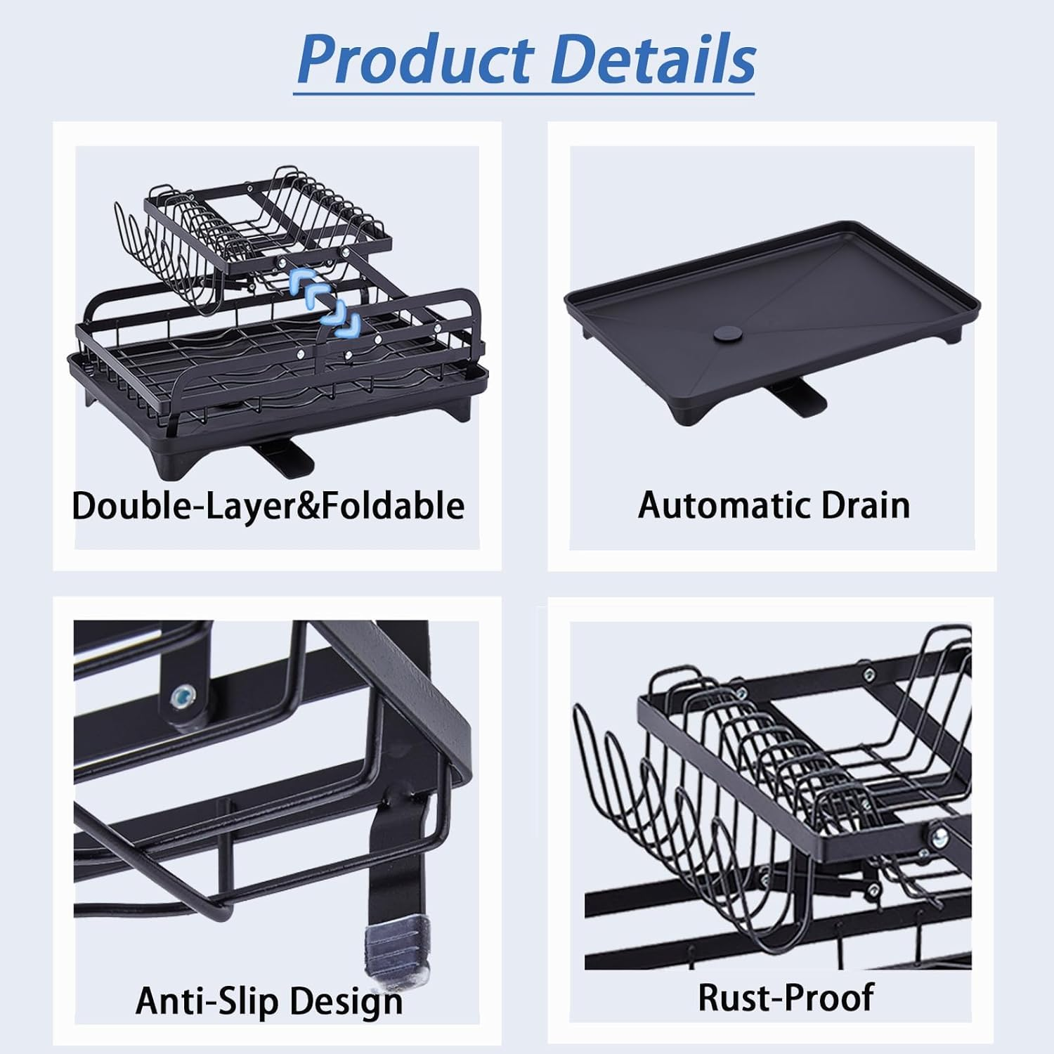 Hoisimdy Dish Drying Rack 2 Tier Dish Rack Kitchen Large Capacity Dish Drainer with Auto Drainage (Black)