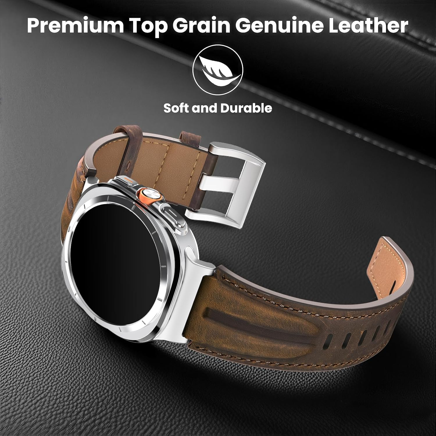 Bouixel Top Grain Genuine Leather Band Compatible with Samsung Galaxy Watch Ultra Bracelet 47Mm Men Women, Heavy Duty Wide Metal Connection Band for Galaxy Watch Ultra (2024) image number 2
