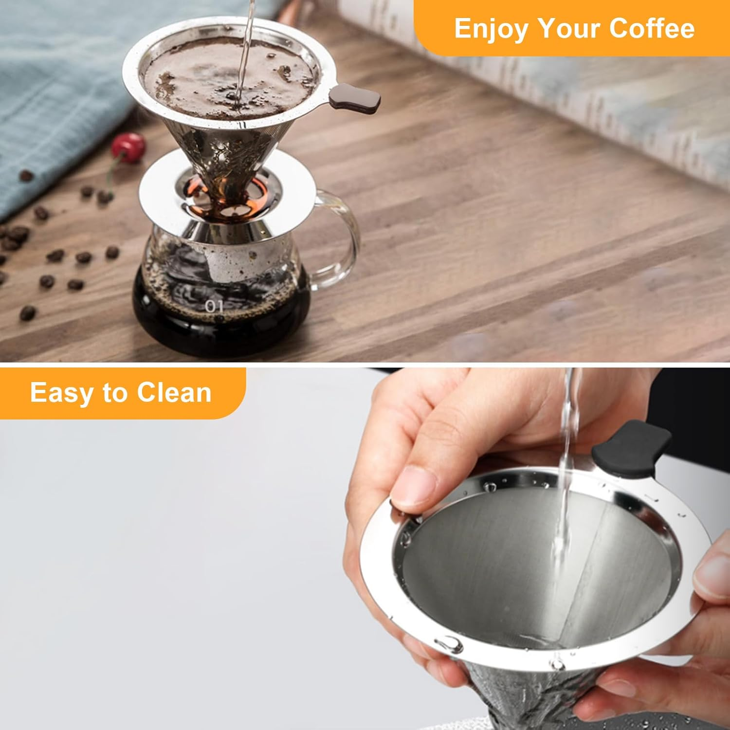 Pour over Coffee Dripper Stainless Steel Reusable Filter Paperless Cone Coffee Maker Dripper for 1-2 Cup, NK-A3 image number 3