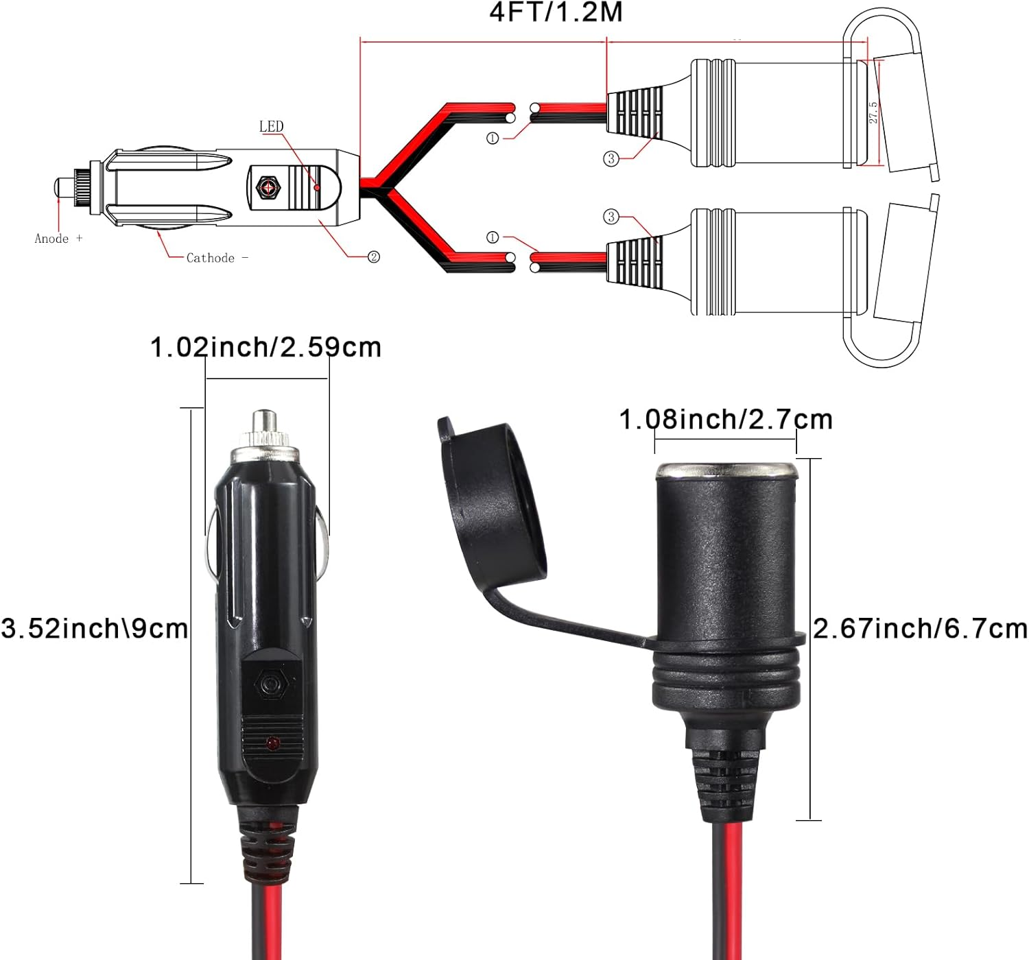 12V Adapter Plug Socket 2 Way Splitter Car Cigarette Lighter Male 1 to 2 Sockes Female Extension Heavy Duty 16AWG Power Cord 1.2M image number 4