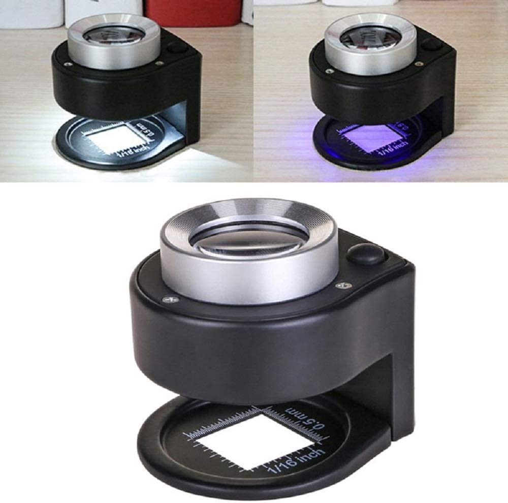 30X Handheld Magnifying Glass Jewelers Loupe with Light, 6 LED Desktop Metal Magnifier Folding Scale Eye Loop for Textile Optical Jewelry Tool Coins Currency Stamps (Unrechargeable)