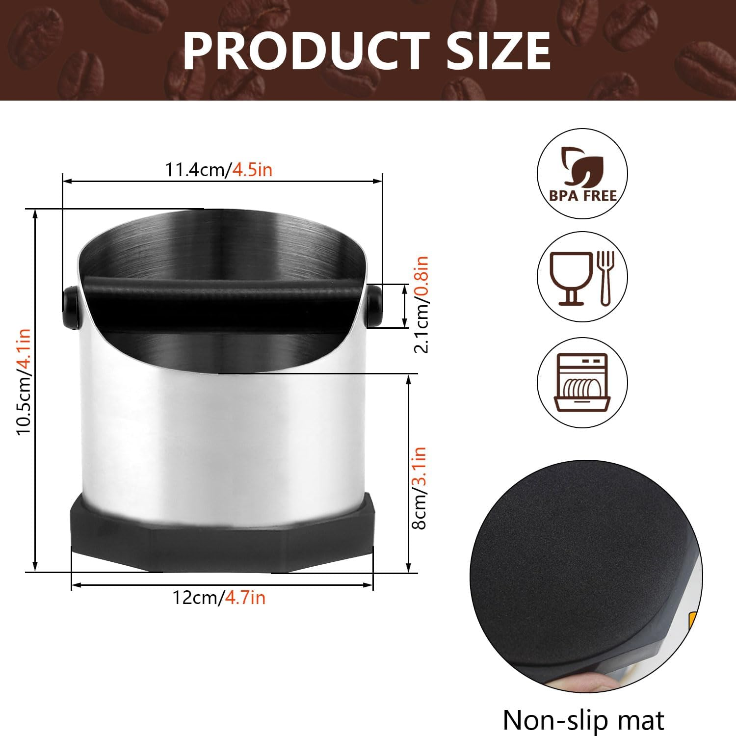 Espresso Knock Box with Rubberized Bar and Anti-Slip Base Durable Stainless Steel Coffee Espresso Grounds Knock Box Espresso Machine Accessories for Home Barista Coffee Grounds Disposal, Silver, 750Ml