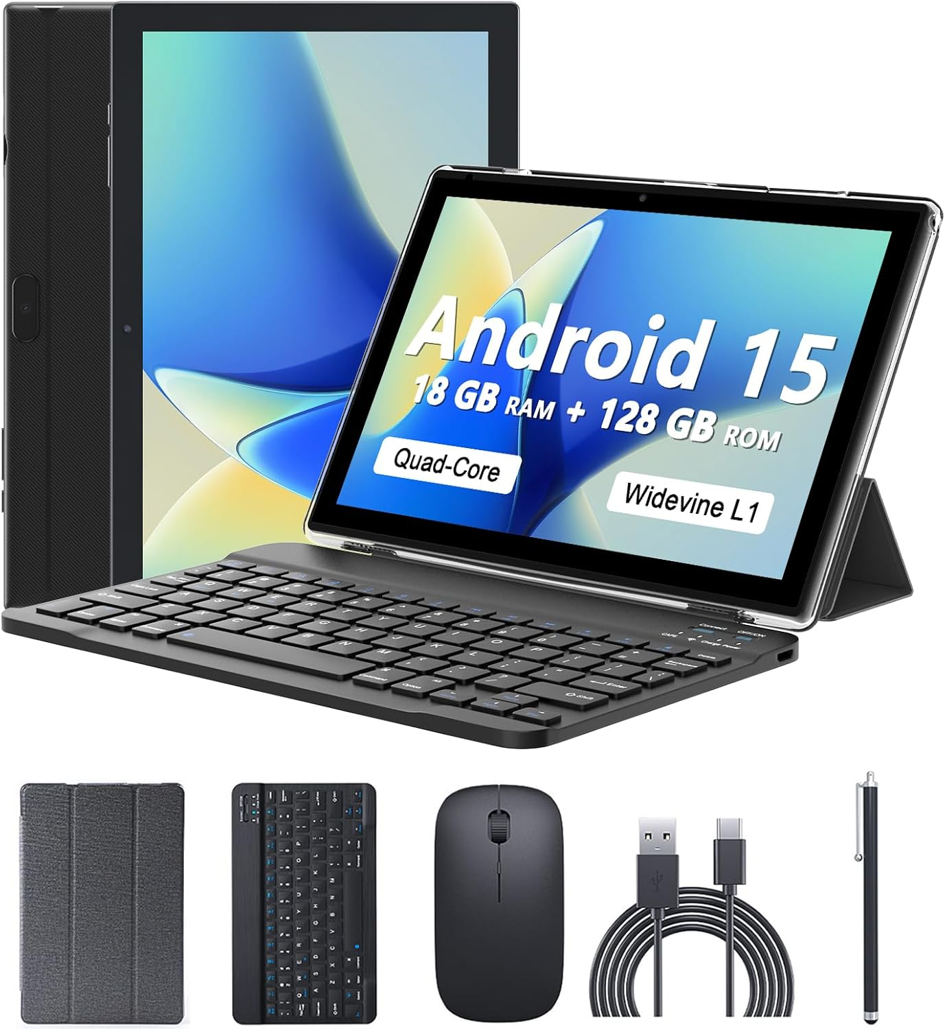 Android 15 Tablet 10 Inch, 18GB RAM+128GB ROM/2TB Expandable, 2 in 1 Tablets with Keyboard Case Mouse Stylus, 2.0Ghz Quad-Core Processor, 1280*800 IPS HD Screen, 5G Wifi 6 BT 5.0, 8MP Camera Tablet PC