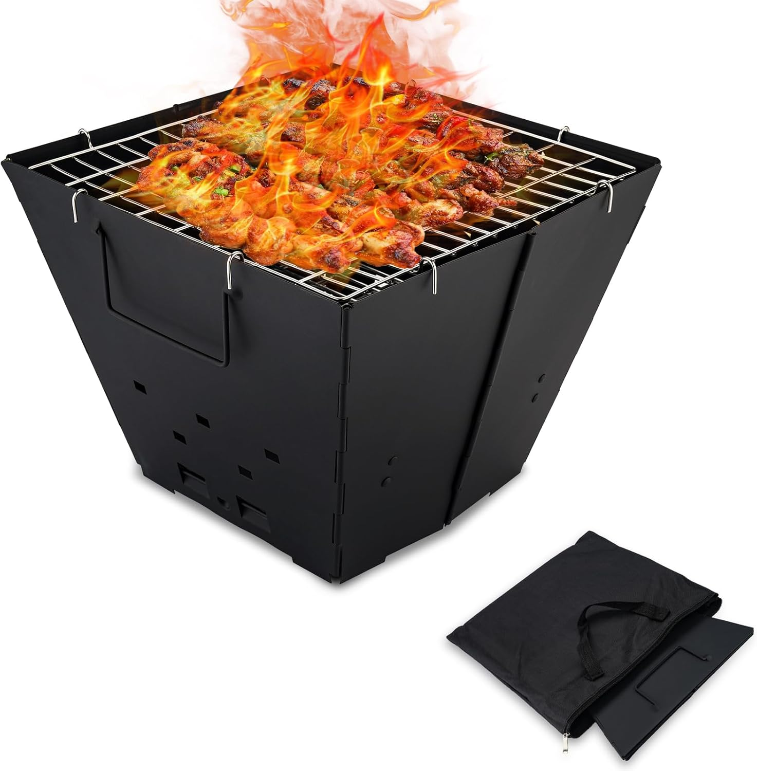 Portable Camping Fire Pit with Top Grill, 2 in 1 Small Folding Wood Burning Camping Campfire Grill with Carry Bag for Outdoor Cooking, Bonfire, Patio, Backyard image number 3