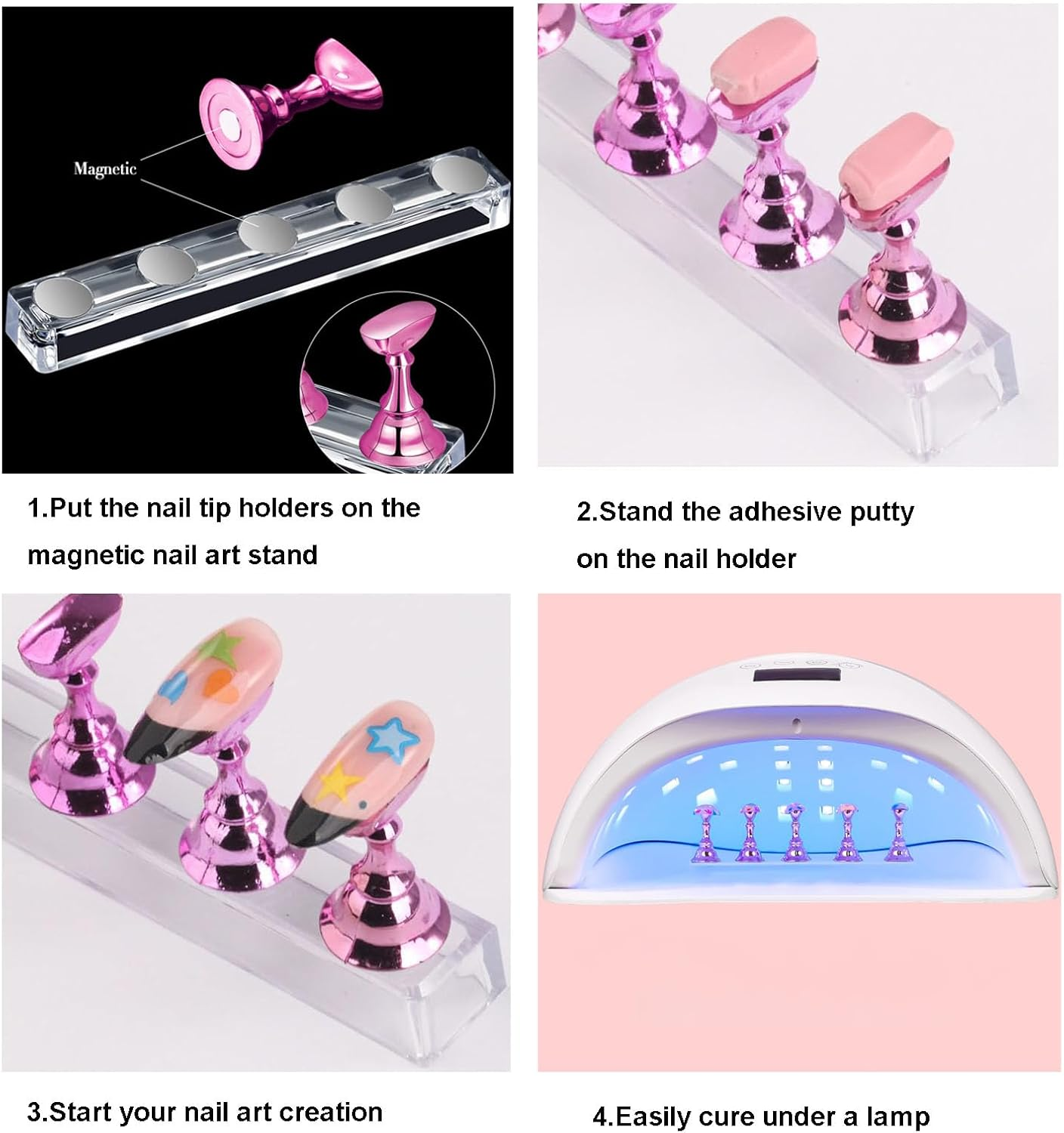 2 Set Acrylic Nail Design Practice Stands,Nail Display Stand for False Nail Tip Manicure Tool,Nail Tips Stand for Press On,Magnetic DIY Nail Crystal Holder with Reusable Sticky Putty Clay