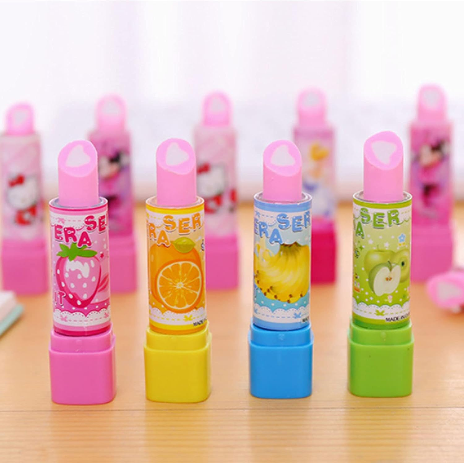 12 Pcs Cute Fruit Lipstick Style Pencil Erasers Novelty Lipstick Style Rubbers Retractable Erasers for Party Favors School Student Prizes Gift Filling image number 4