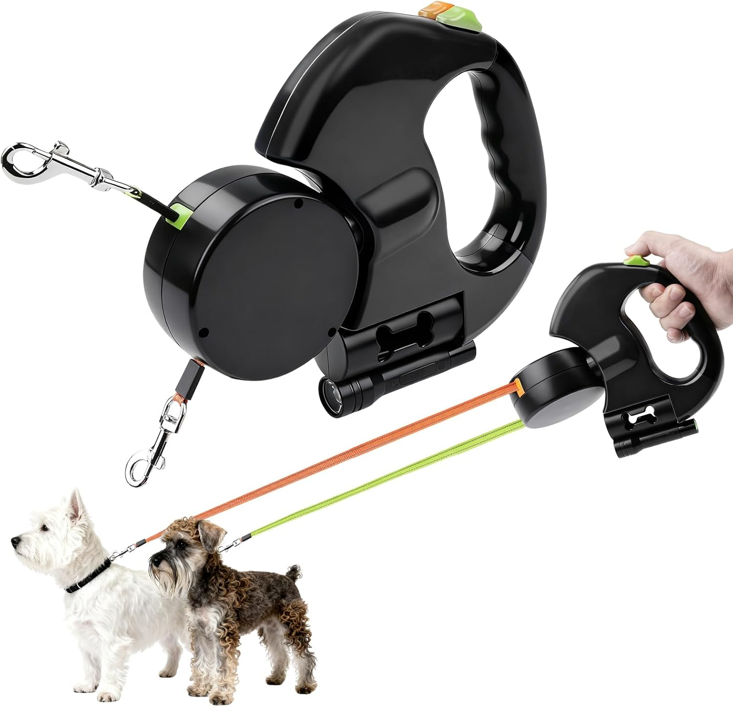 Nimomo Dog Lead Retractable Double Dog Lead Pet Leash 1 Tow Rope 2 Double with Torch and Pocket Dispenser image number 2