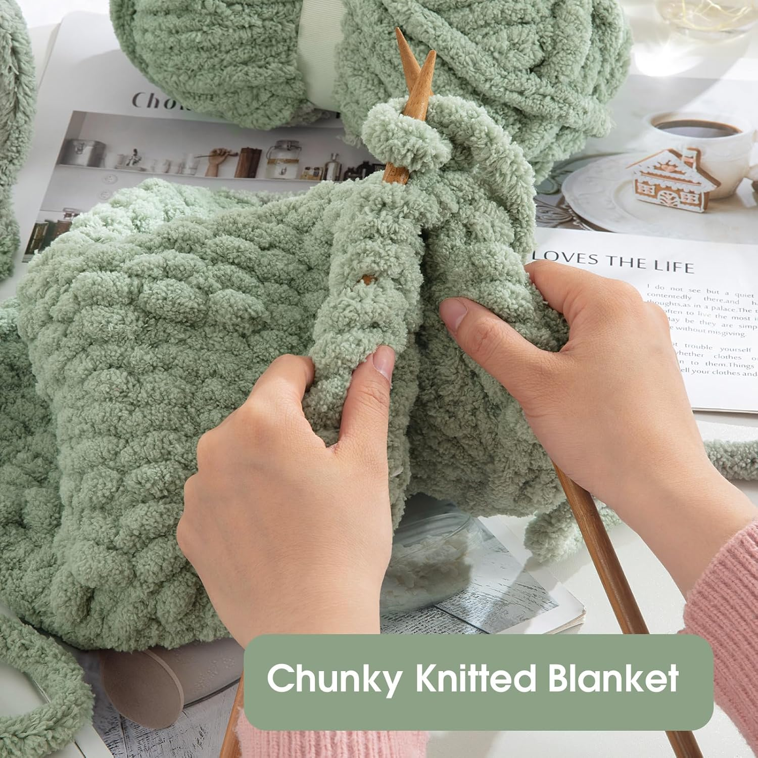 HOMBYS Sage Green Chunky Chenille Yarn for Hand Knitting,Fluffy Soft Jumbo Yarn Crocheting,Super Bulky Big Yarn for Chunky Blanket,Large Thick Arm Knitting Yarn,8 Pack Plush Yarn - 4 Cream+4 Pink image number 6