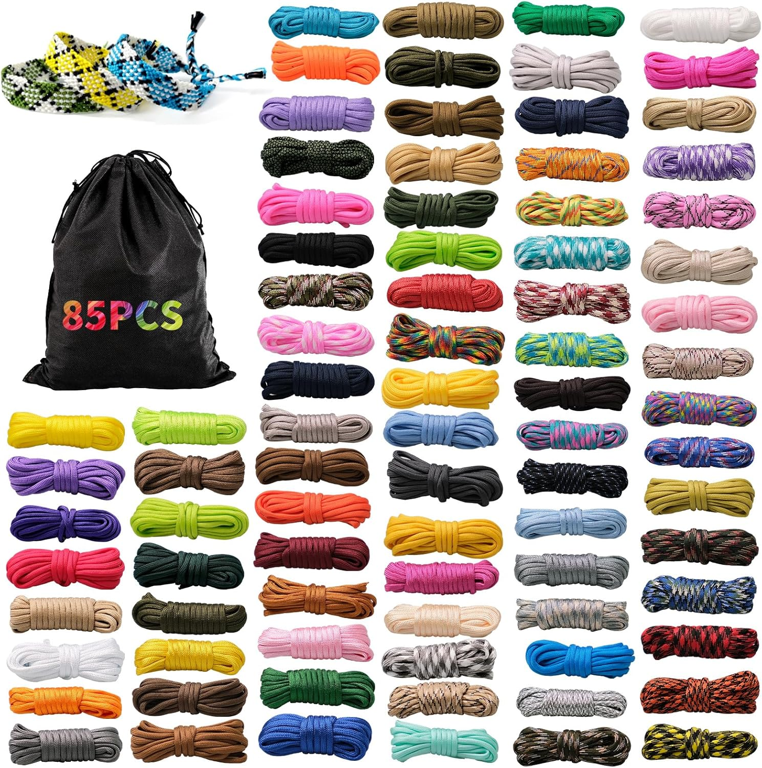 CONEHOY 85 Pcs Paracord 550 Combo Kit 10 Feet Tent Rope Multifunction Parachute Paracord Bracelet Making Kit Outdoor Survival Rope with Drawstring Bag for Making Lanyard Dog Collar Great Gift image number 4
