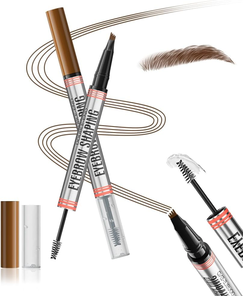 Wimode 2-In-1 Magic Eyebrow Pencil,Microblading 4-Fork Tip Liquid Eyebrow Pen with Eyebrow Brush Gel Waterproof Eyebrow Pencil Create Natural Hair-Like Brows Long-Lasting(4#Black)