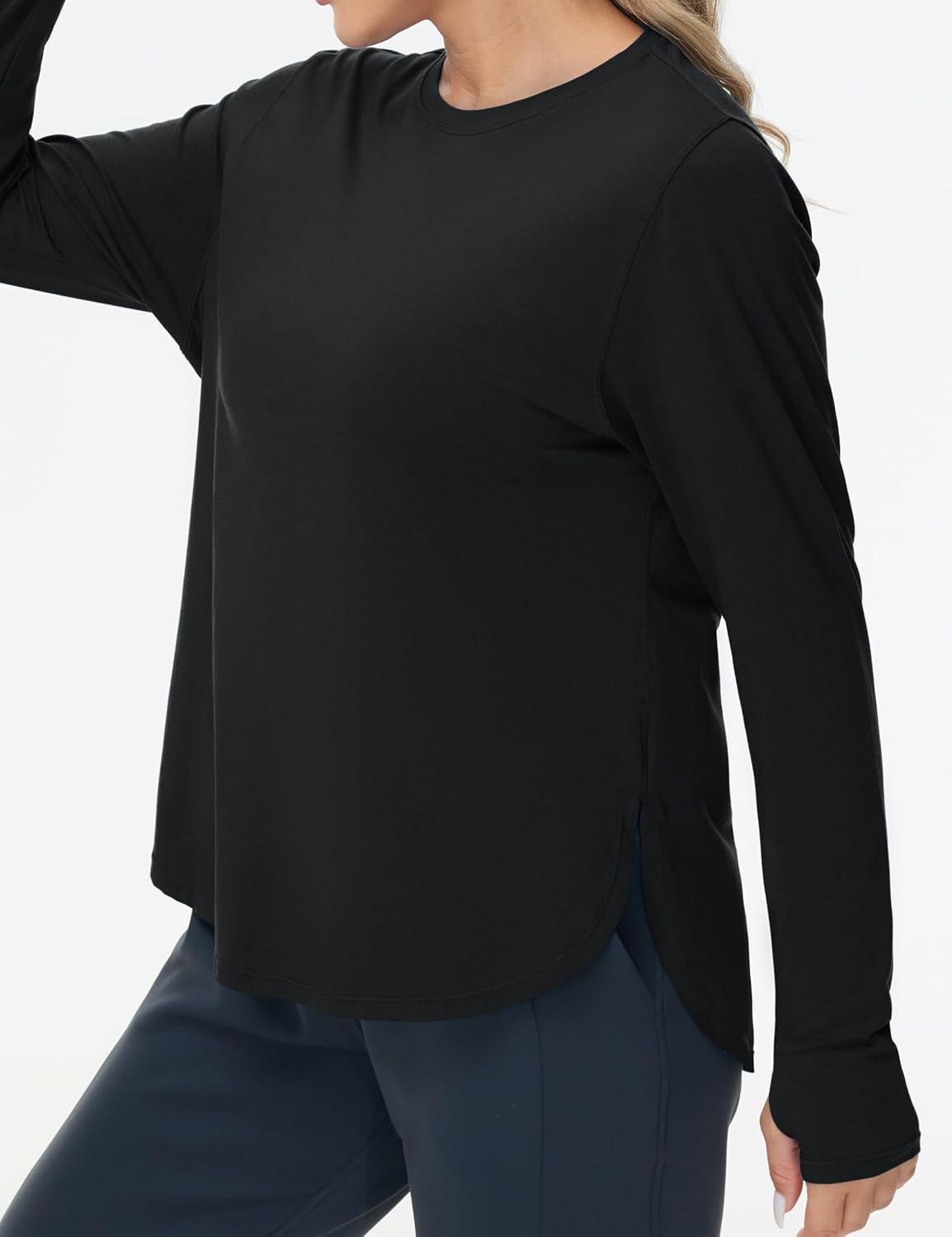 THE GYM PEOPLE Women'S Long Sleeve Workout Shirts Lightweight Cotton Running Yoga Tops with Thumb Hole image number 2