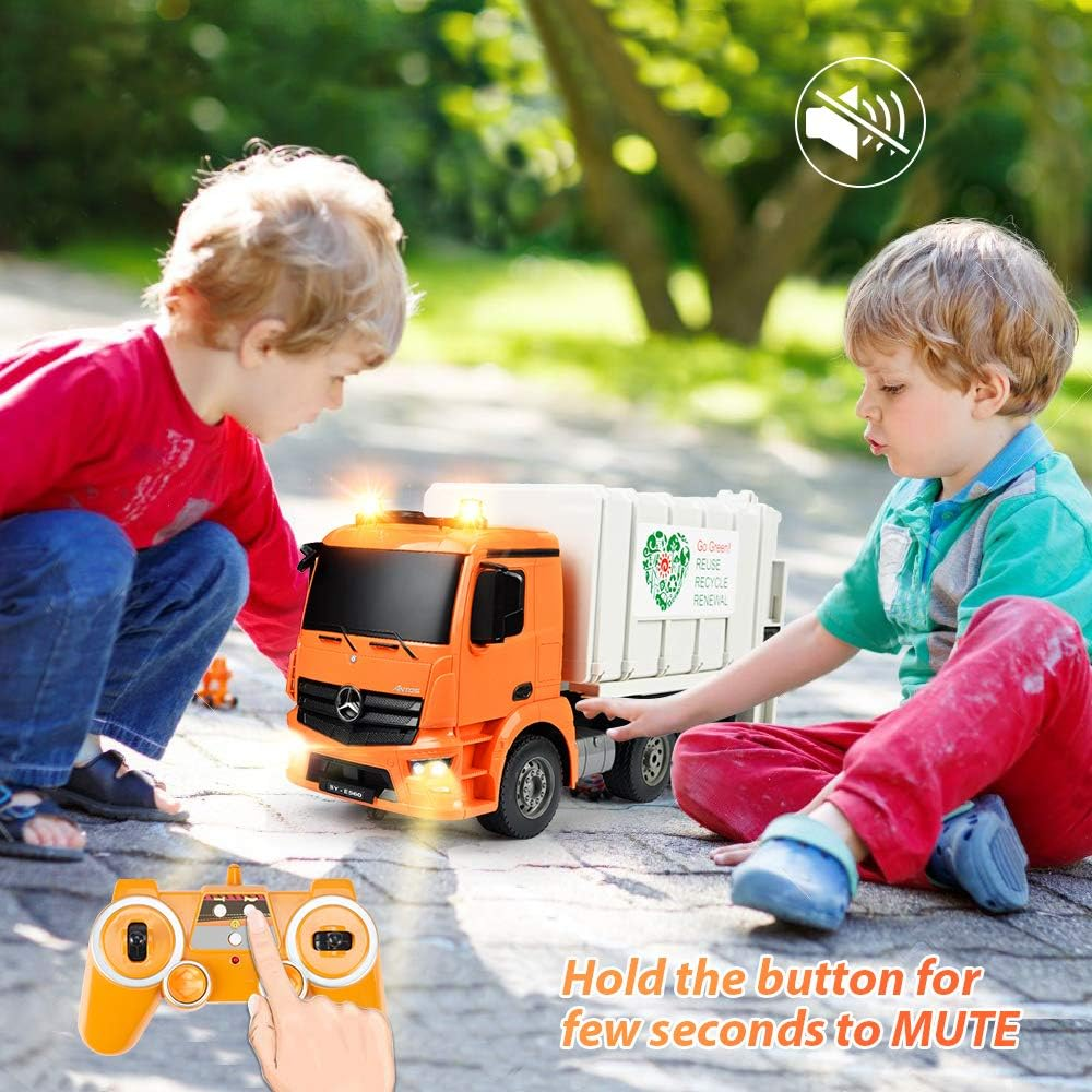 DOUBLE E Remote Control Garbage Truck 8 Channel Electric Stirring with Trash Bin Sounds Lights 2.4Ghz Sanitation Vehicles Toy