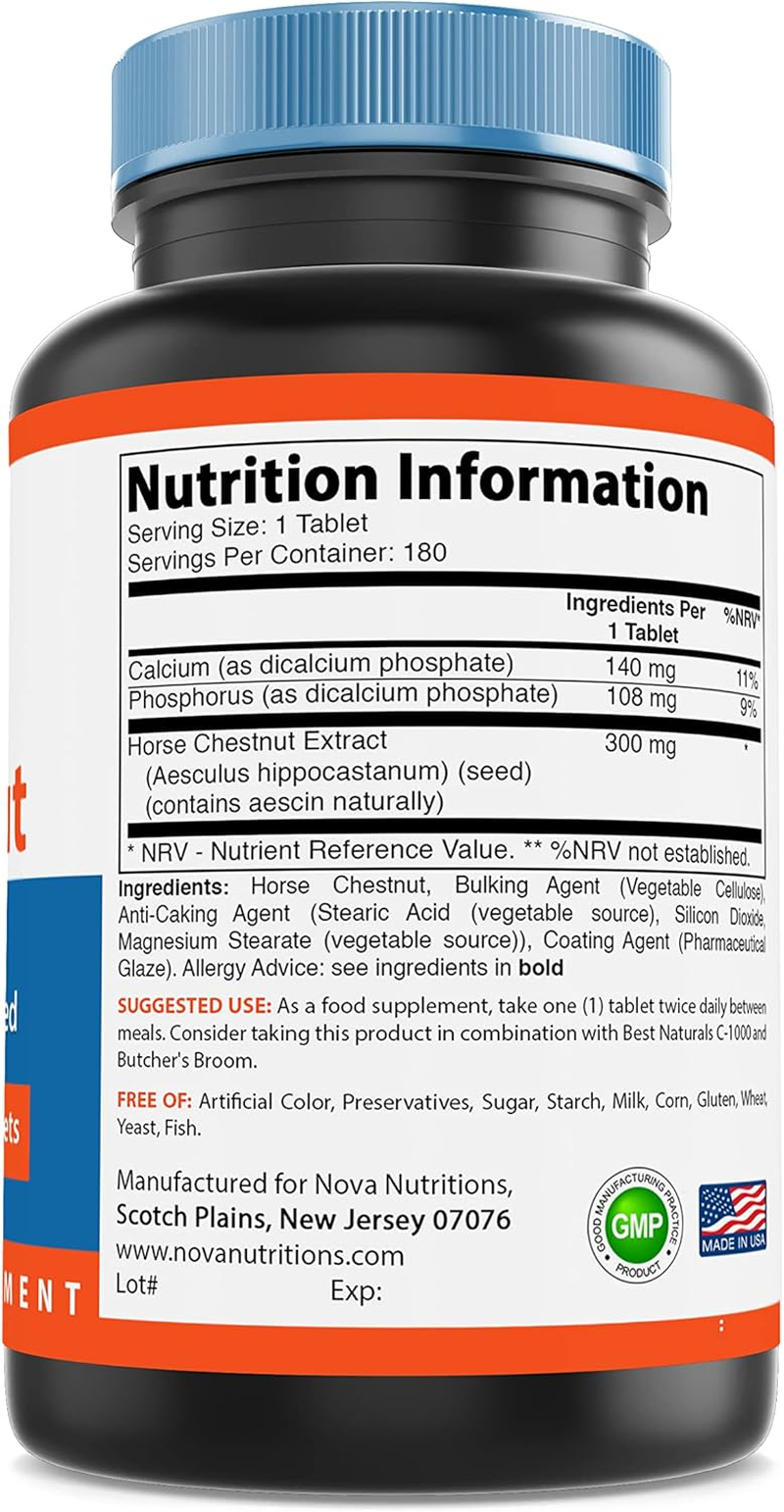 Nova Nutritions Horse Chestnut Seed Extract 300 Mg (Non-Gmo) Tablets Naturally Contains Aescin Which Promotes Healthy Leg Vein & Circulation 180 Count image number 1