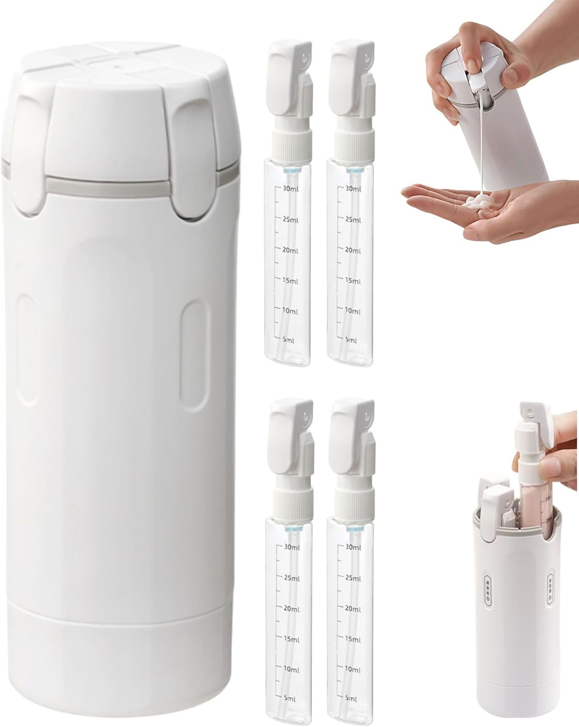 4 in 1 Travel Dispenser Bottle, Travel Toiletry Containers, Refillable, Leak Proof, Portable Containers for Shampoo Lotion Conditioner Cream, Flights Gym Bag Weekends Away (White)