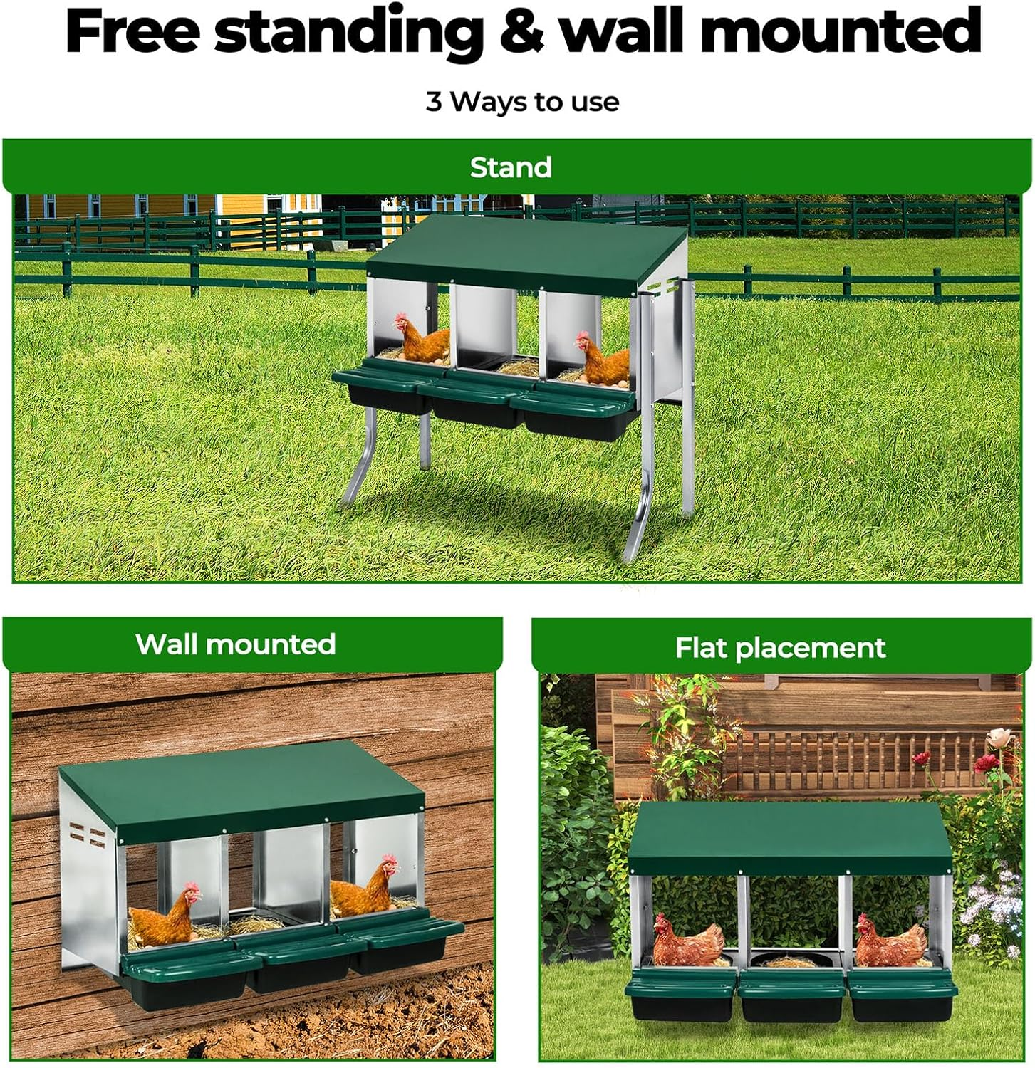 Pawz Chicken Nesting Box Roll Away Hen Laying Boxes House, Chicken Hen Coop 3 Hole, Hen Laying Box with Galvanised Metal Plastic Vents Lid, Chook Nest Coop Perch Roost Poultry Egg Brooder image number 4