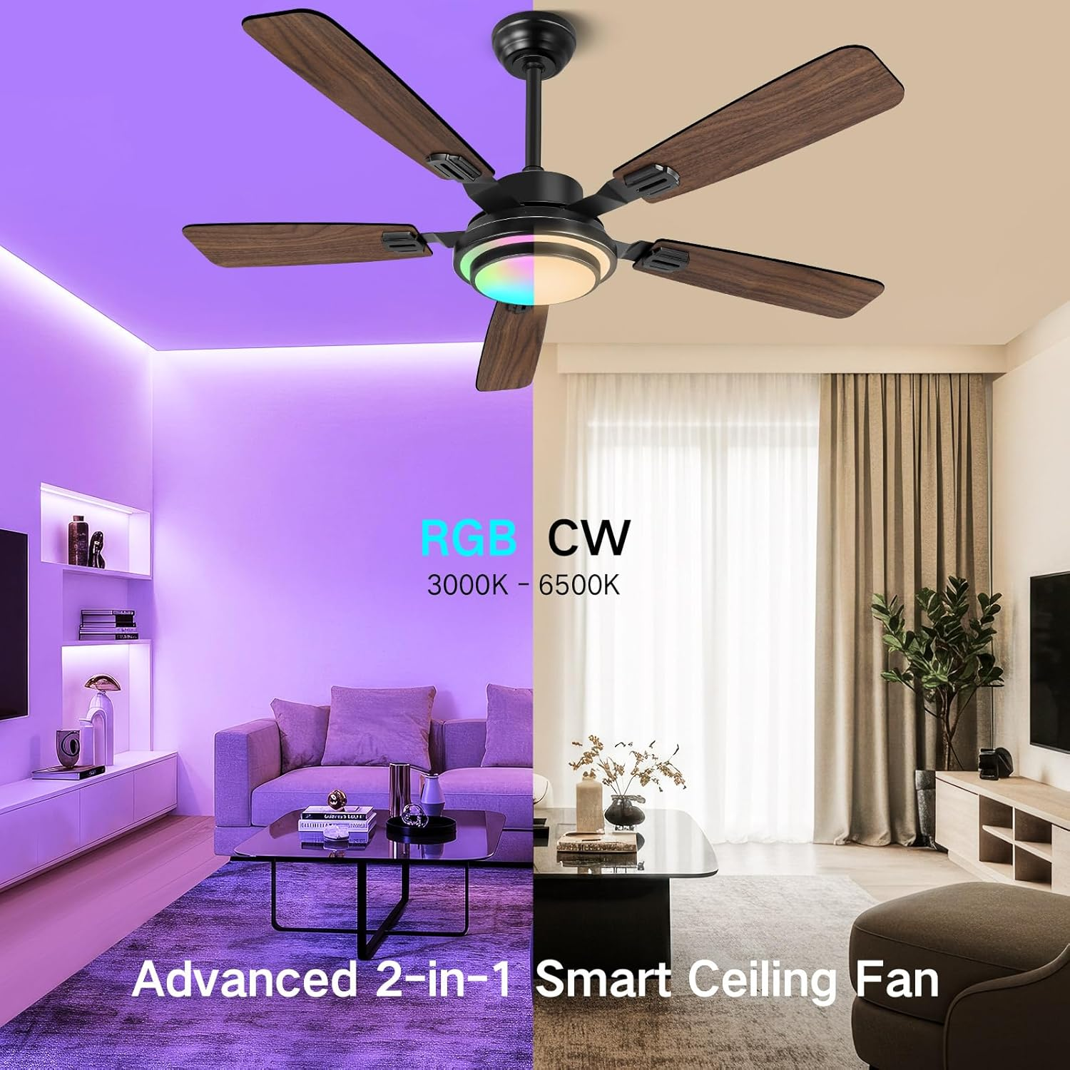OUTON 52 Inch RGB Ceiling Fan with Light, Remote & APP Control, Low Profile Ceiling Fans, Reversible 6 Speeds, 3000-6500K Stepless Dimming, Modern Ceiling Light for Bedroom Indoor Outdoor Use, Walnut image number 4