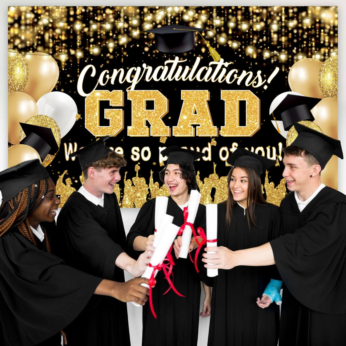 Yuanbigtai Graduation Background Banner 78" X 45" Extra Large and Black Gold Backdrop Congrats Grad We Are Proud of You Cap Diploma Party Decorations Supplies for Indoor Outdoor Photo Booth Props image number 4