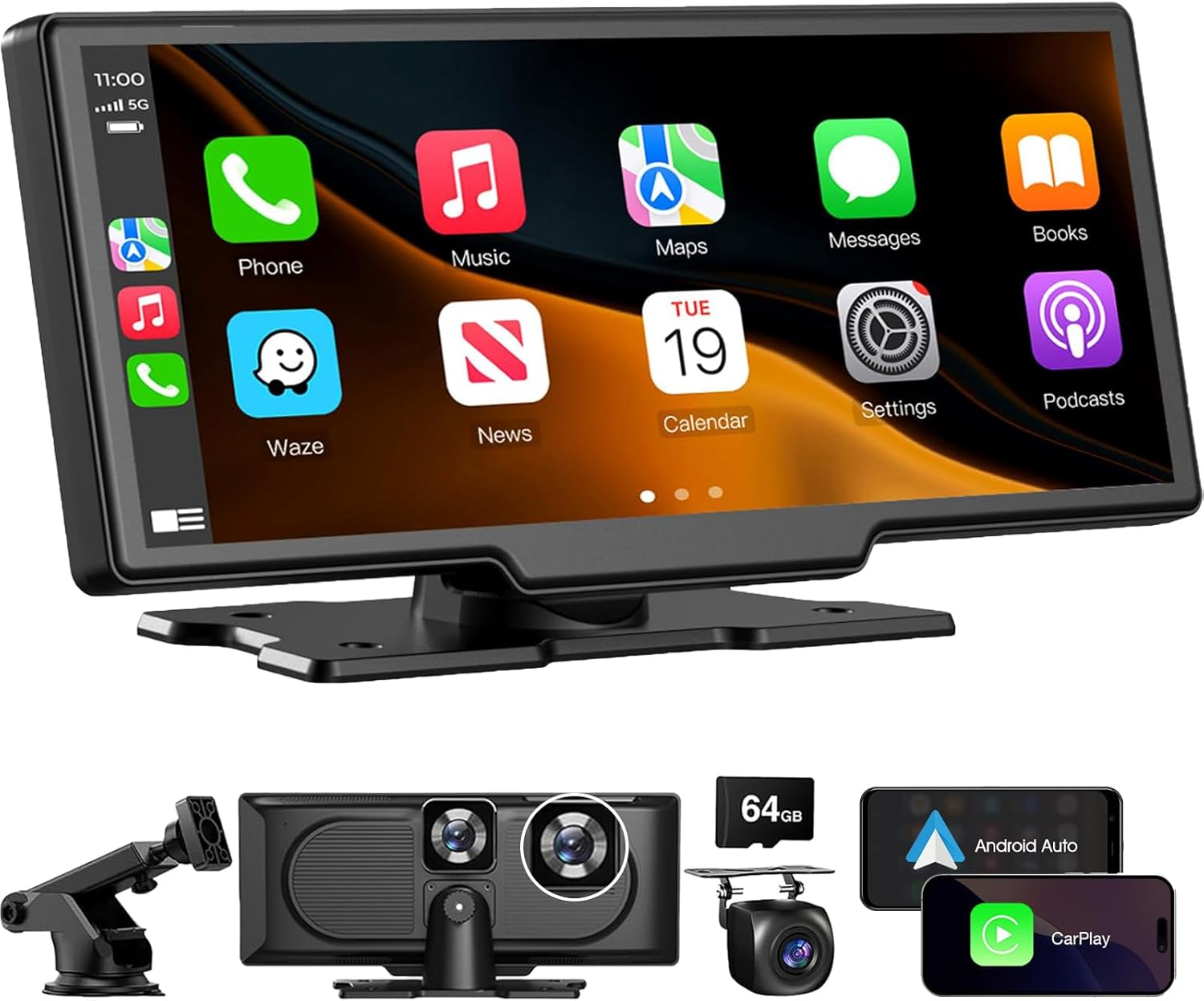 10.26 Inch Portable Wireless Touch Screen Apple Carplay, Android Auto, Mirror Link with 4K Dash Cam, 1080P Camera, GPS Navigation, Bluetooth, Siri/Google Navigation Car Screen for All Vehicles image number 3