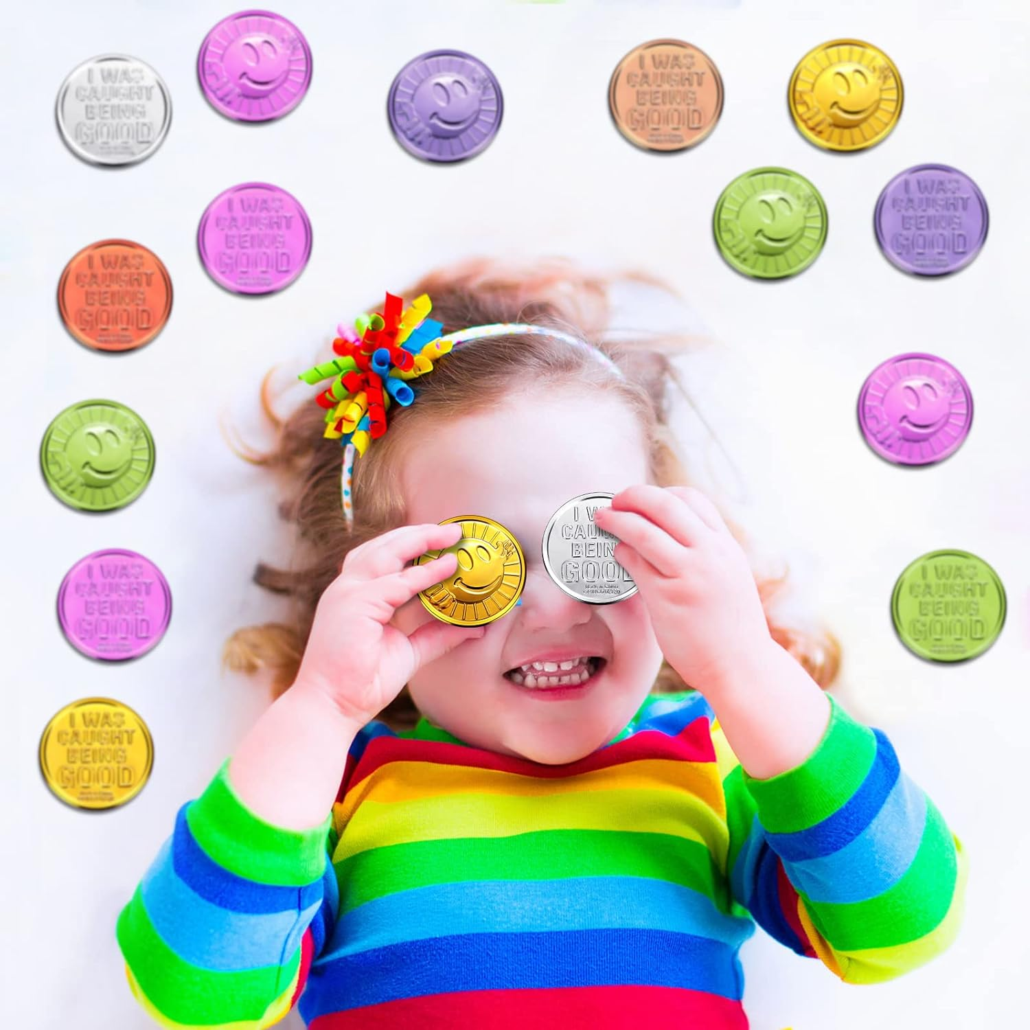 100 Pieces Plastic Coins I Was Caught Being Good Incentive Coins Colored Plastic Coins Tokens for Boys Girls Behavior Smile Face Coin Pretend Play Coin for Counting Halloween Party Christmas Reward image number 4