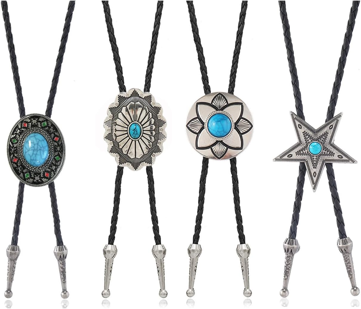 Vintage Turquoise Bolo Tie for Men - Western Cowboy Colored Oval Bola Necktie Retro Leather Necklace for Men Women