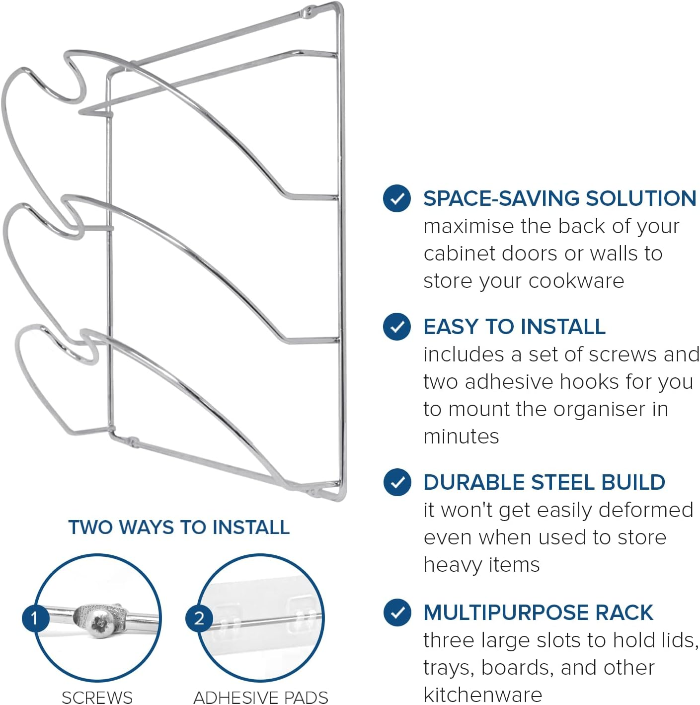 Joeji'S Kitchen Pot Lid Holder - Pan Rack & Organizer for Cupboard, Pot Lid Storage Solution, Kitchen Pantry Organizer - 3-Tier, Chrome image number 2