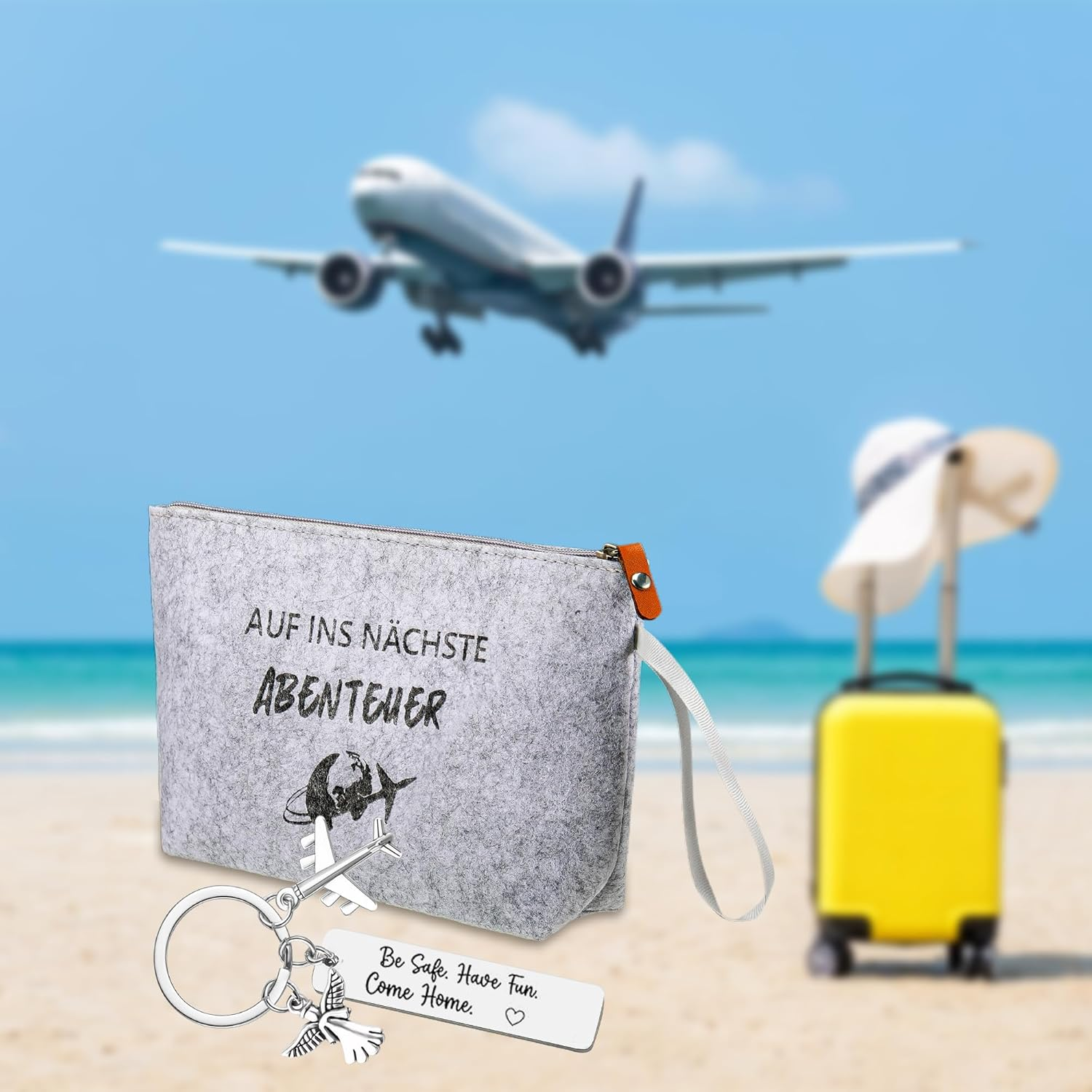 Lucky Charm Keyring Travel Felt Cosmetic Bag Abroad Year Farewell Gift Gifts for Travellers with Guardian Angel Aeroplane Pendant Lucky Charm Travel, Gray, Modern image number 2