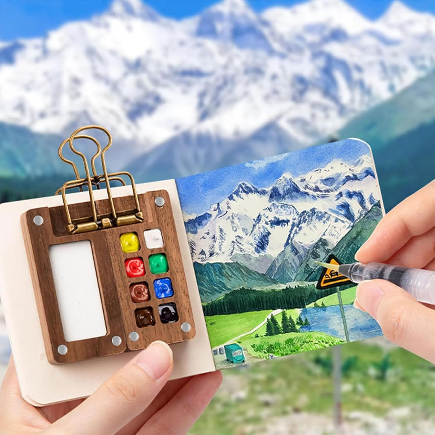 Nano Palette Watercolor, Pocket Artist Watercolor Travel Set, Sketchbook Wooden Palette Box and Travel Artist Brushes Set, Mini Portable Watercolor Travel Set (8 Grids,Walnut) image number 1