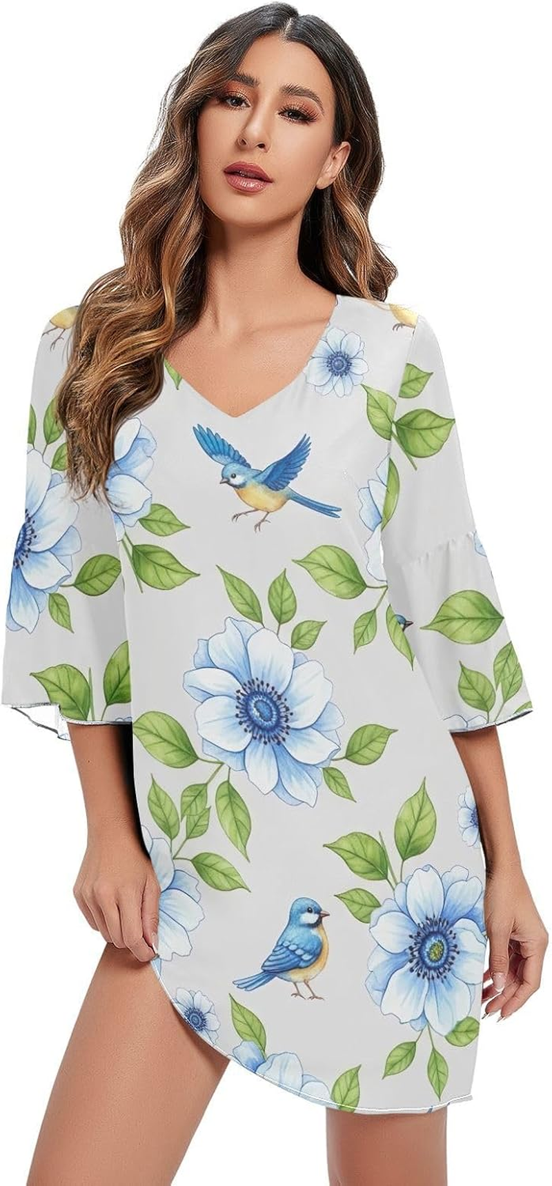 Flowers Leaves Birds Blue Casual Chiffon Dress Printed Line Maternity Dress