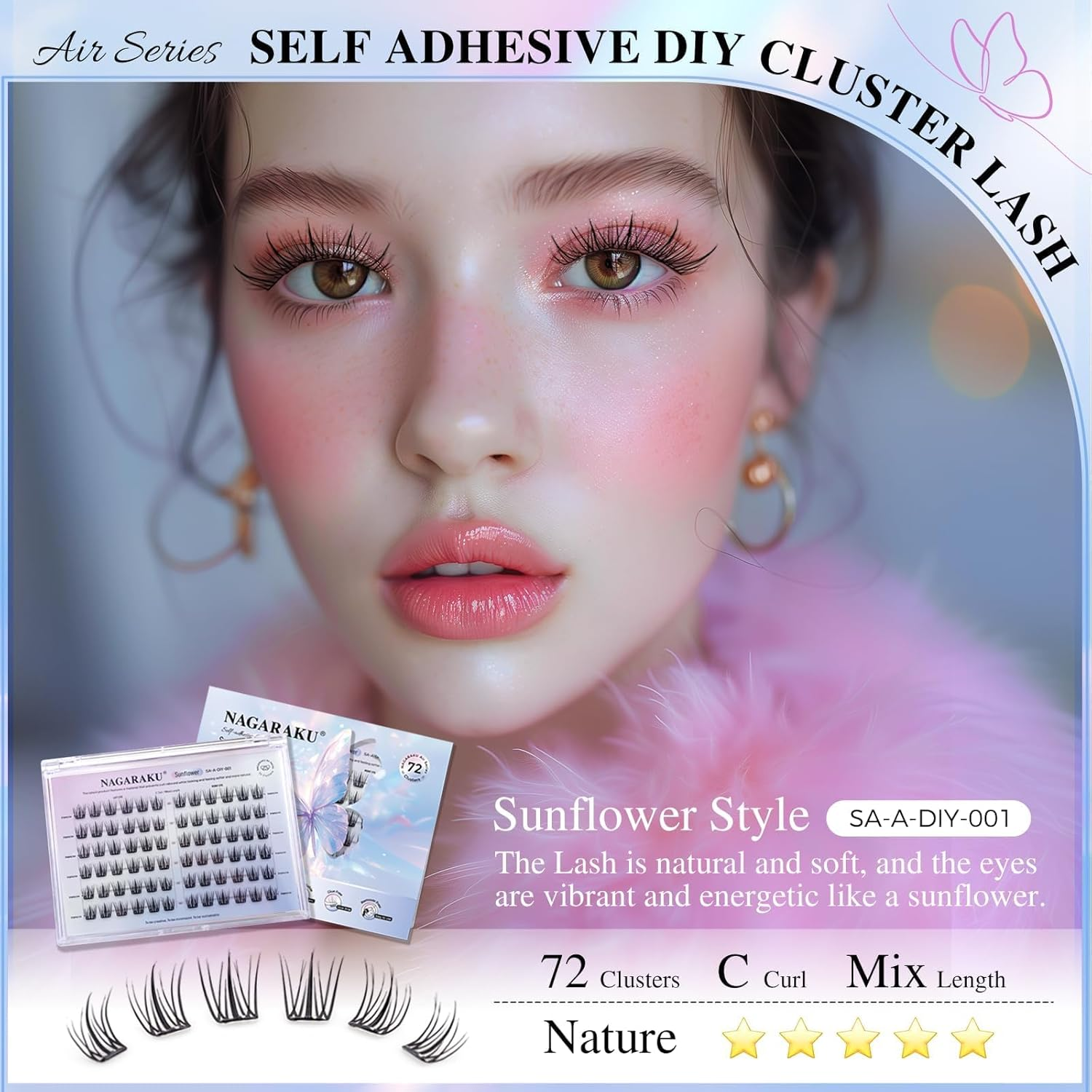 NAGARAKU Pre Glued Cluster Lashes Air Series Eyelashes Sunflower Style 72 Pcs No Glue Needed Pre-Bond Eyelashes Self Adhesive DIY Lashes（0.07Mm C Curl Mix Length) image number 2